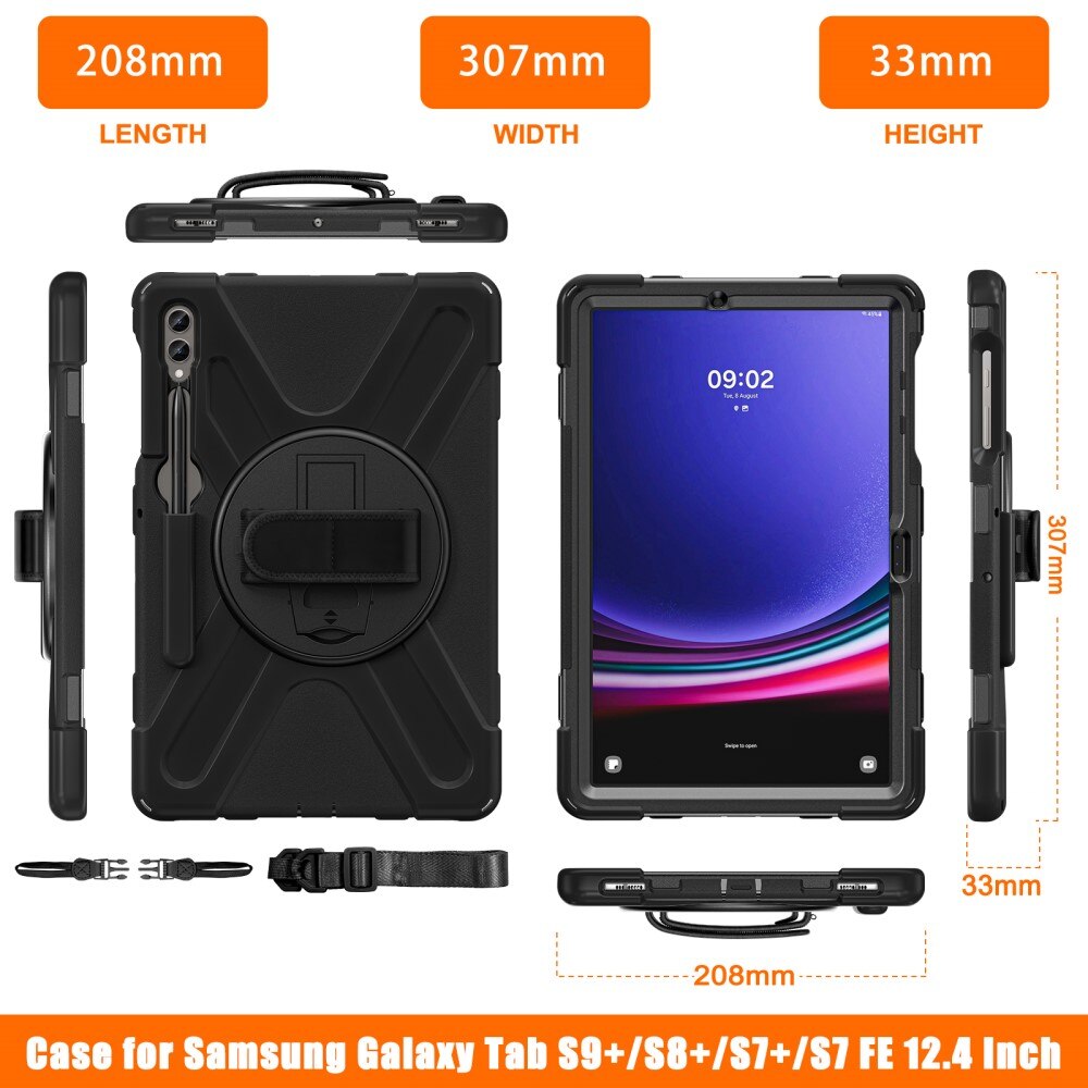 Samsung Galaxy Tab S8 Plus Shockproof Hybrid Case w. Shoulder Strap Black