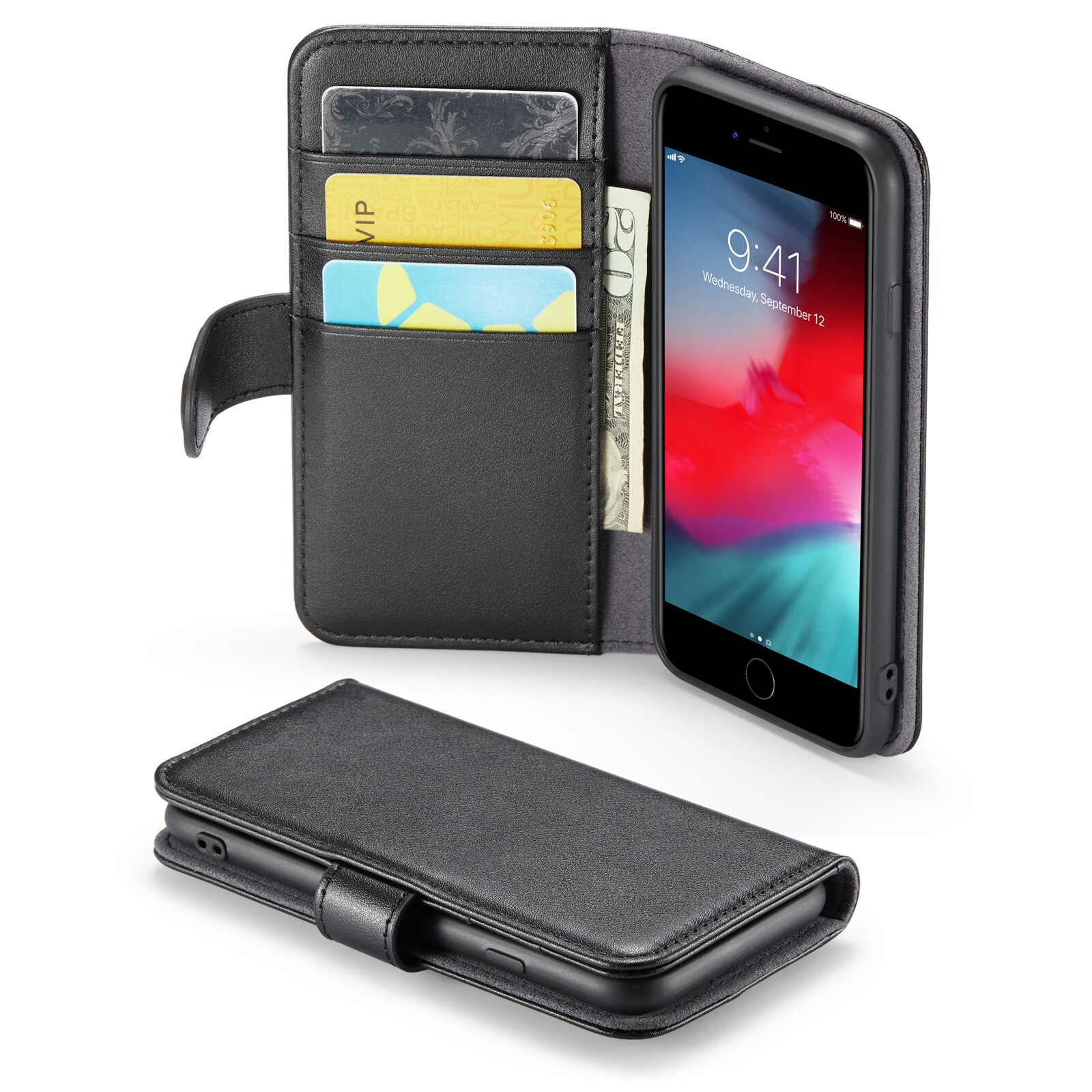 iPhone SE (2022) Genuine Leather Wallet Case Black