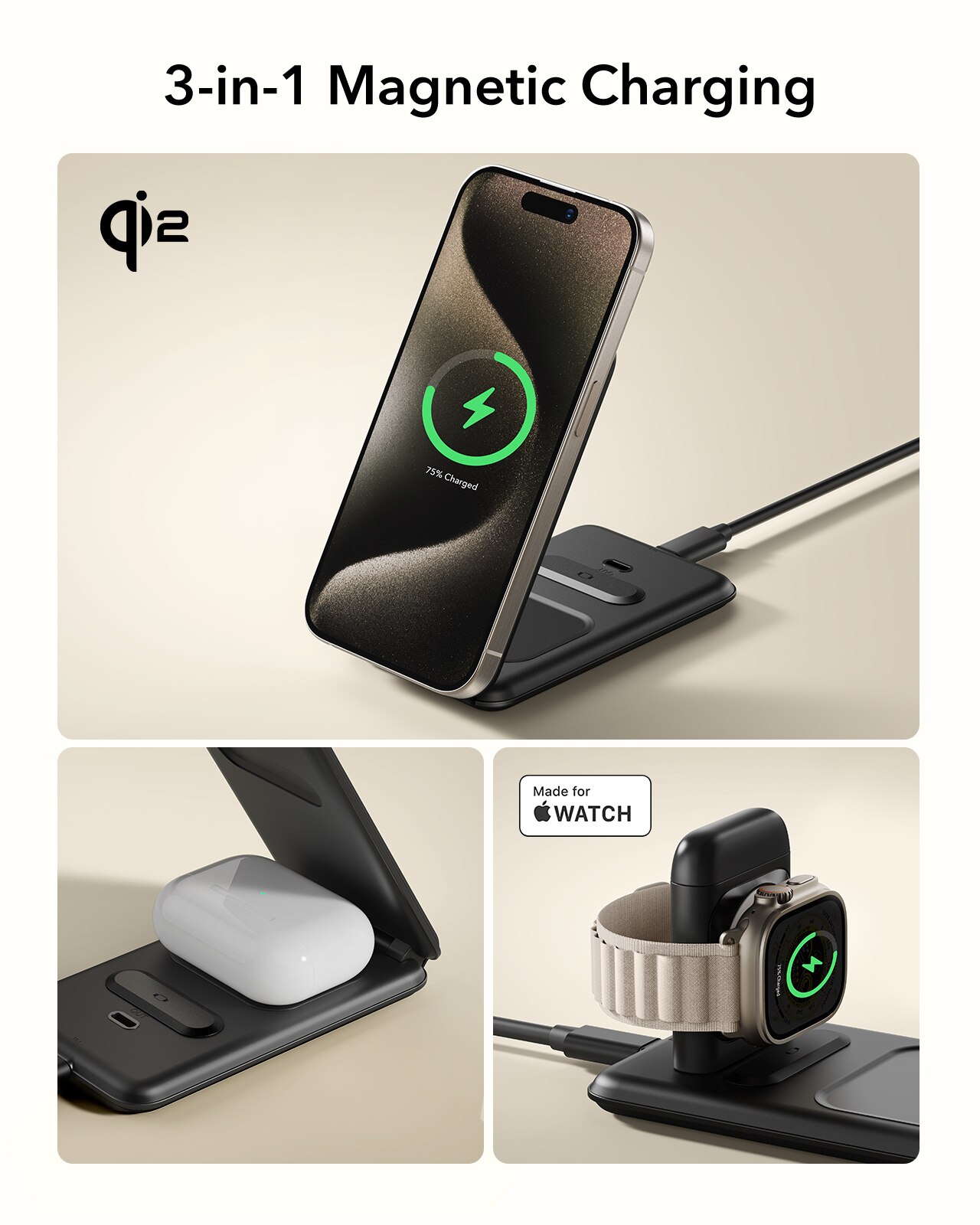 HaloLock Qi2 3-in-1 Travel Wireless Charging Set Black