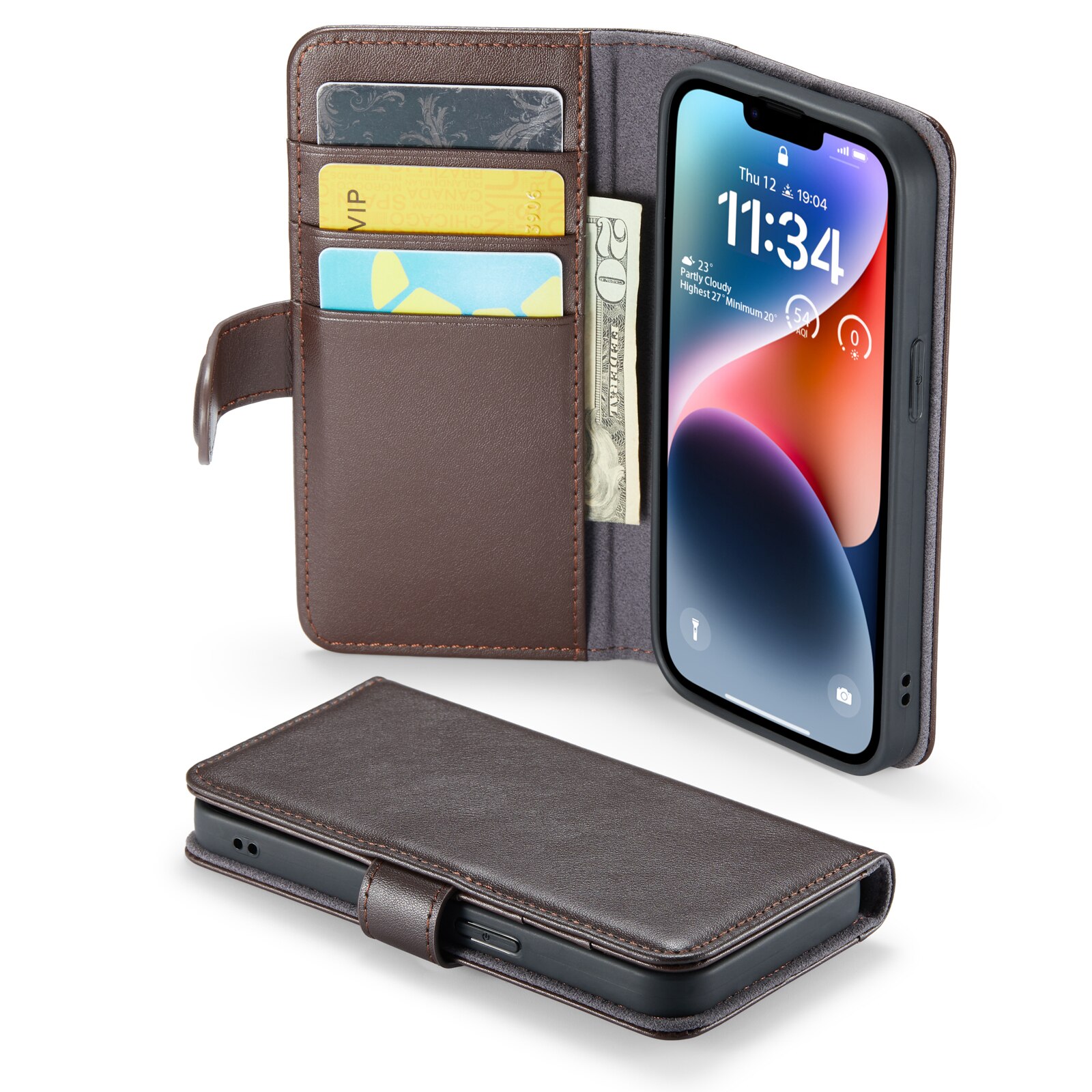 iPhone 14 Plus Genuine Leather Wallet Case Brown