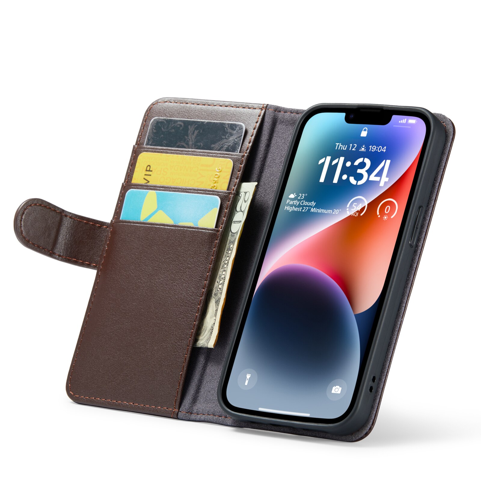 iPhone 14 Plus Genuine Leather Wallet Case Brown