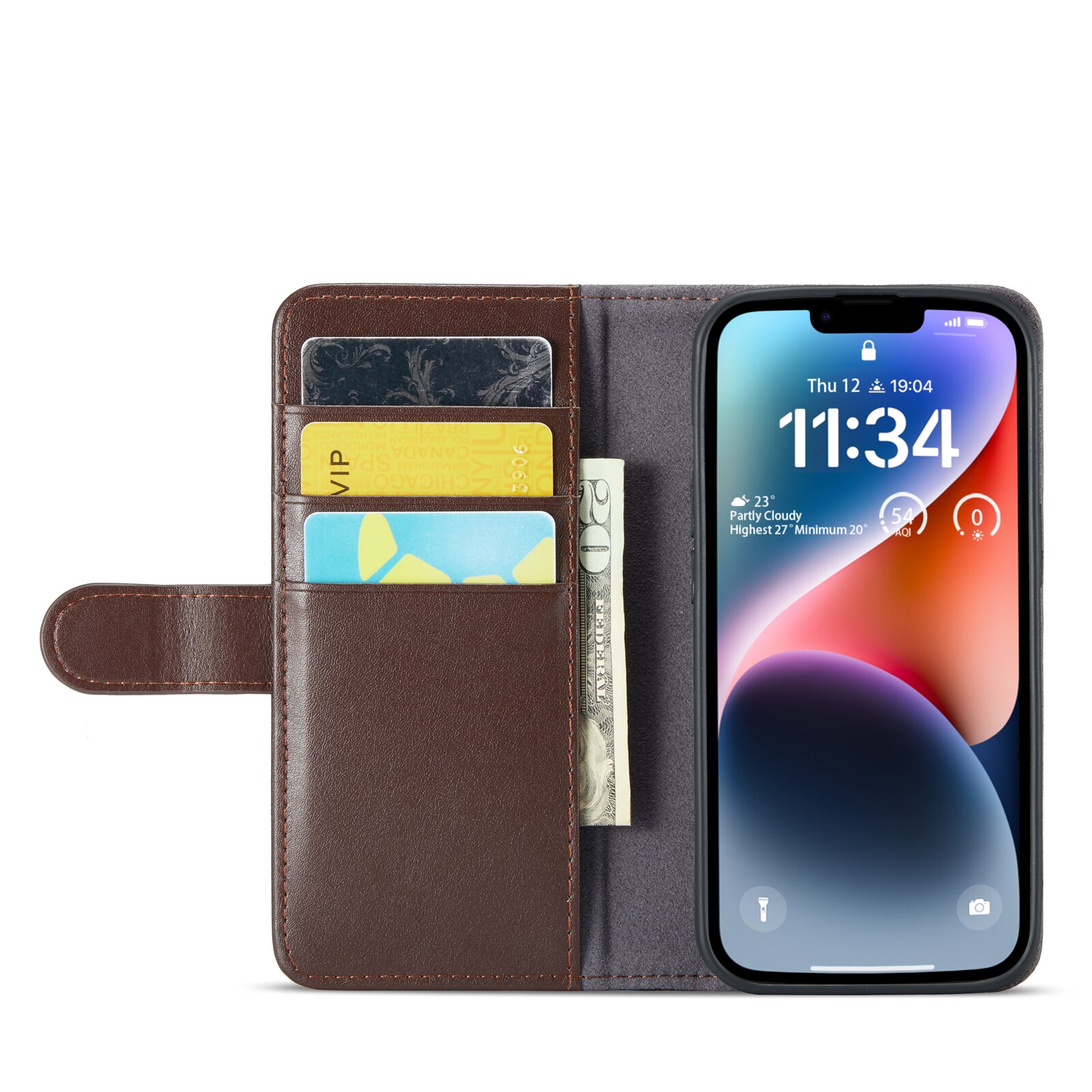 iPhone 14 Plus Genuine Leather Wallet Case Brown