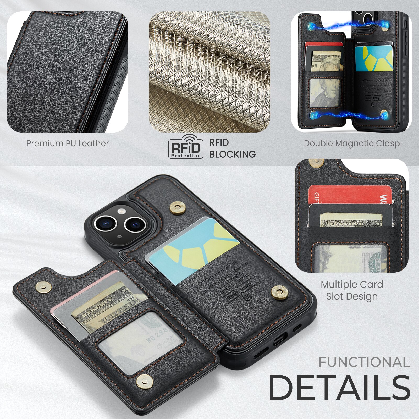 iPhone 15 RFID blocking Wallet Cover Black