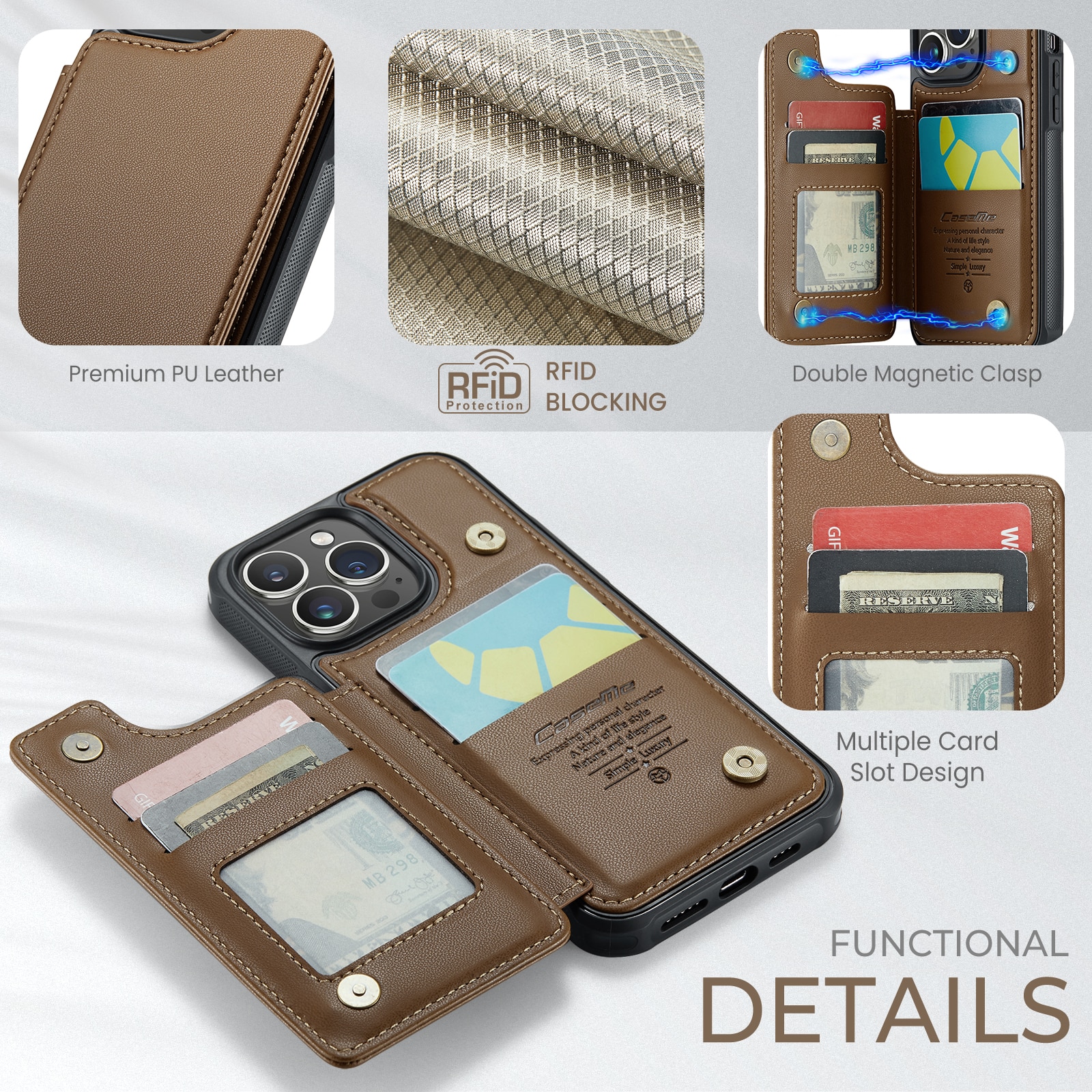 iPhone 15 Pro RFID blocking Wallet Cover Brown