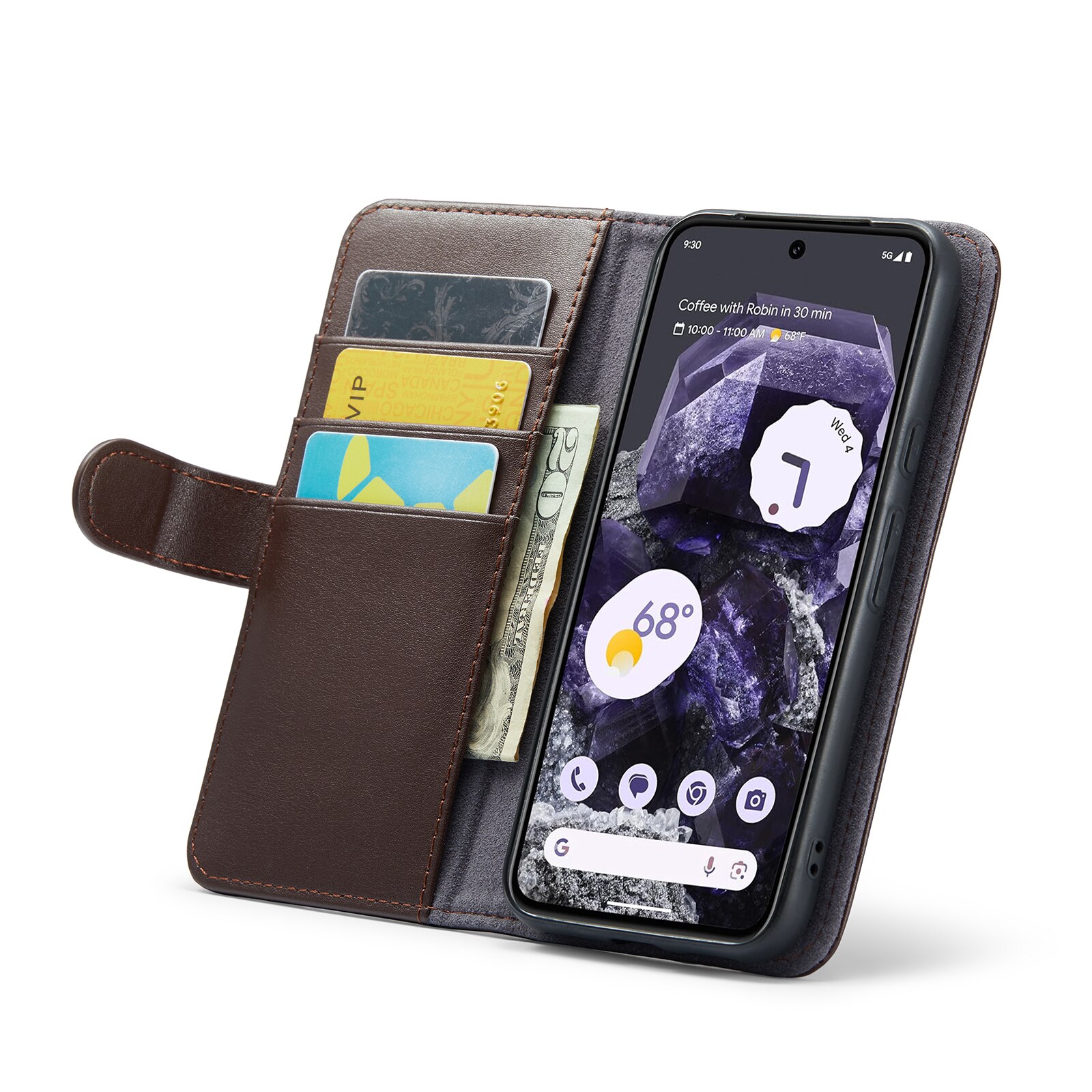 Google Pixel 8a Genuine Leather Wallet Case Brown