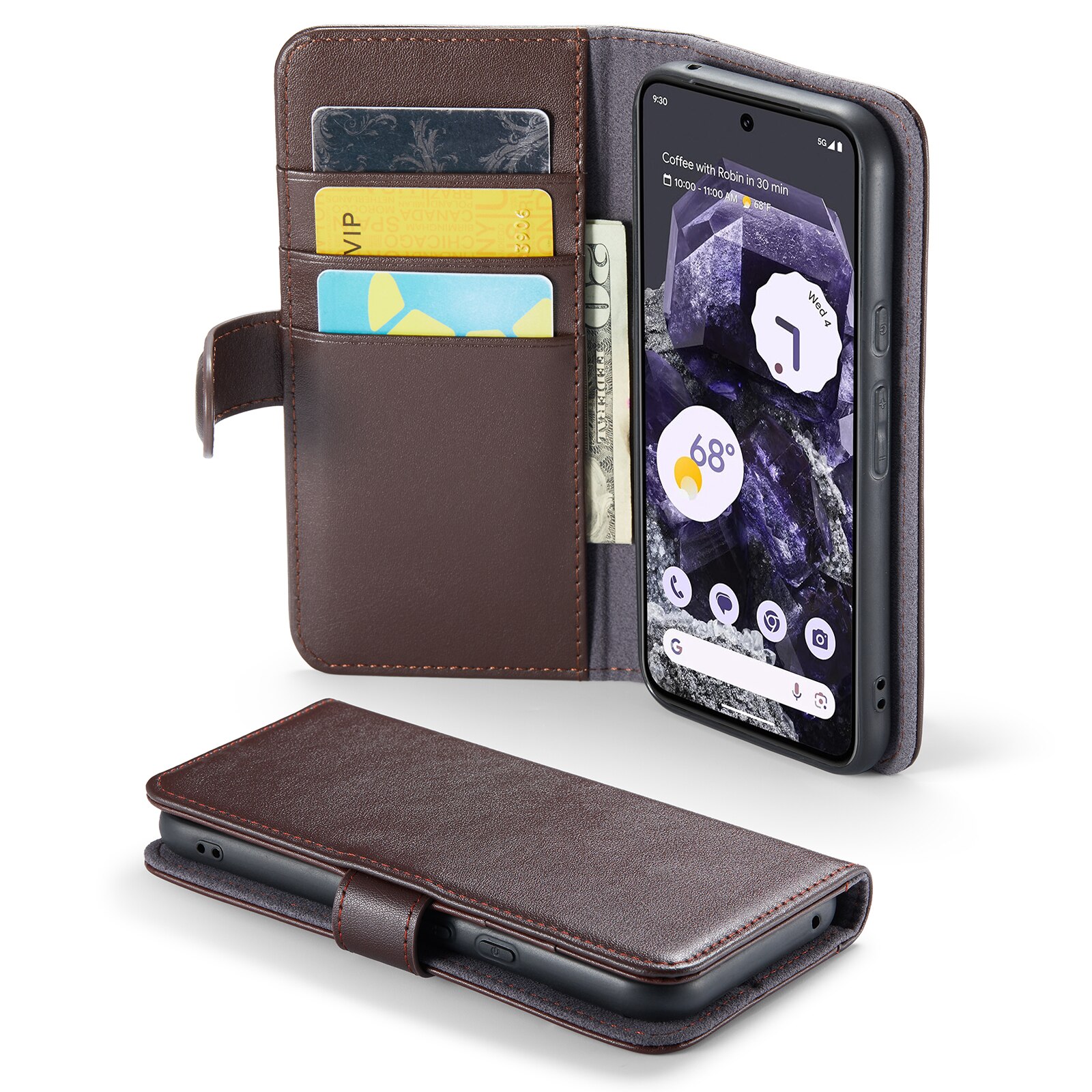 Google Pixel 8a Genuine Leather Wallet Case Brown