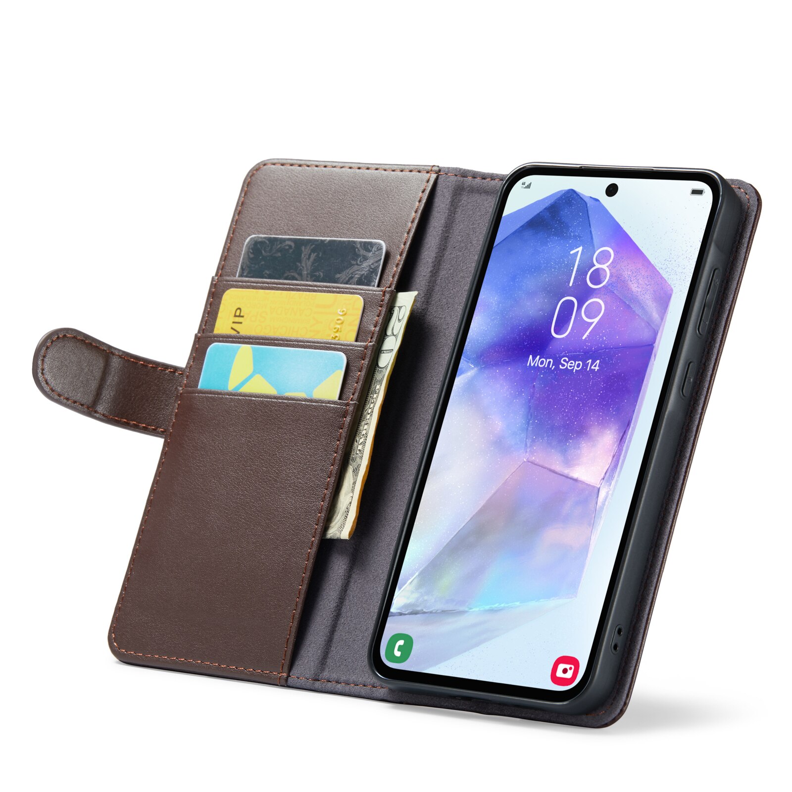 Samsung Galaxy A55 Genuine Leather Wallet Case Brown