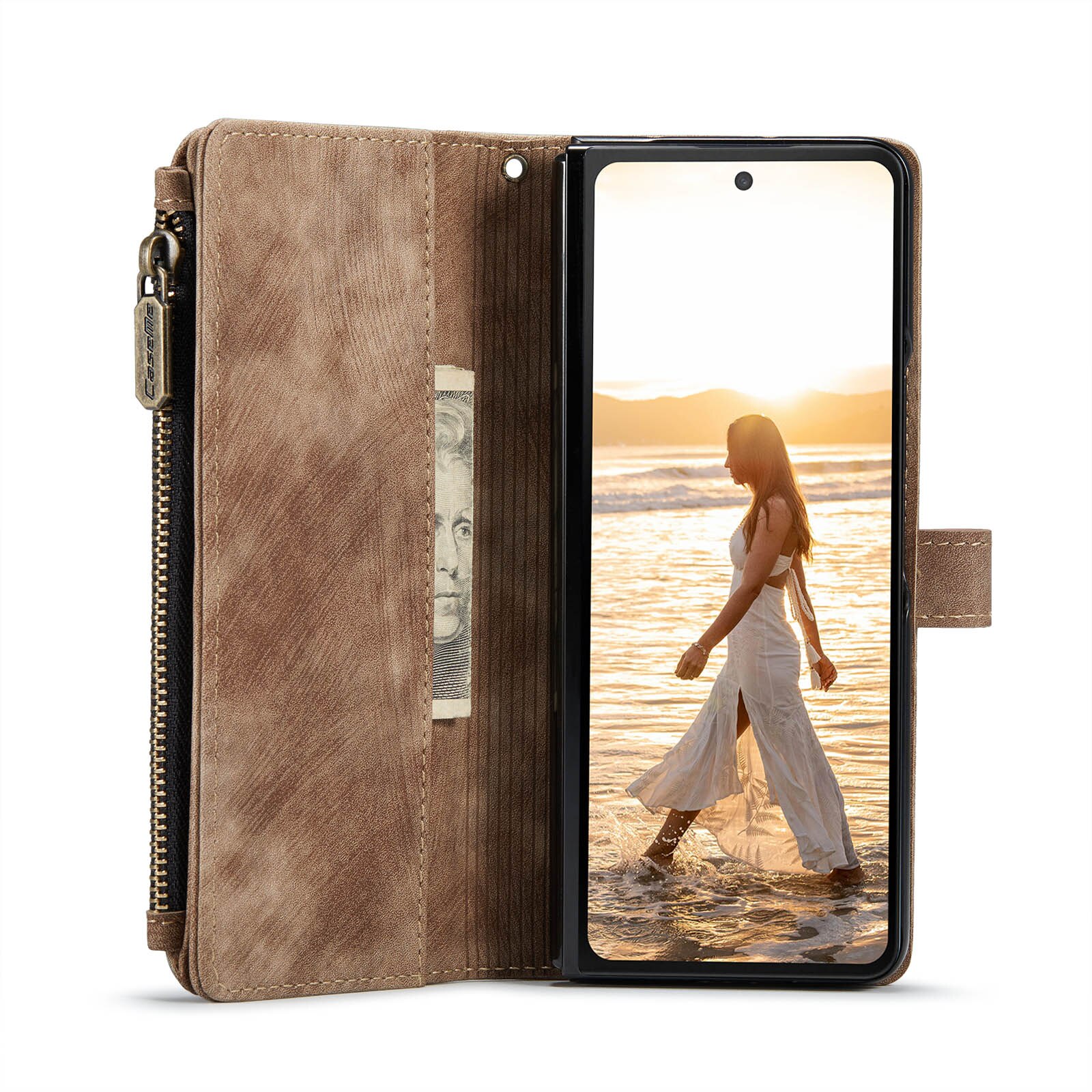 Samsung Galaxy Z Fold 6 Zipper Wallet Book Cover Brown