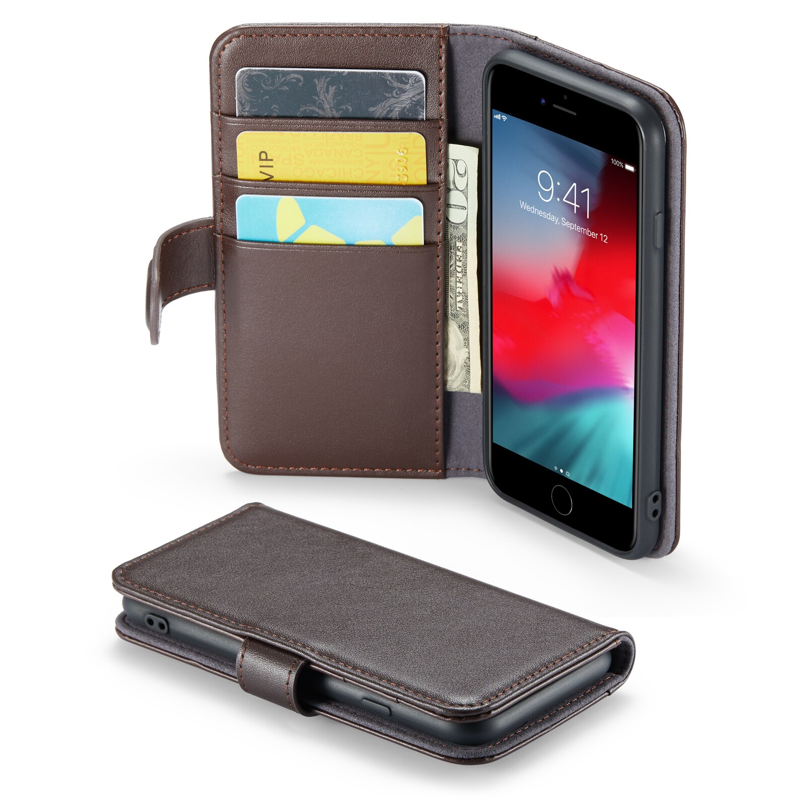 iPhone SE (2020) Genuine Leather Wallet Case Brown