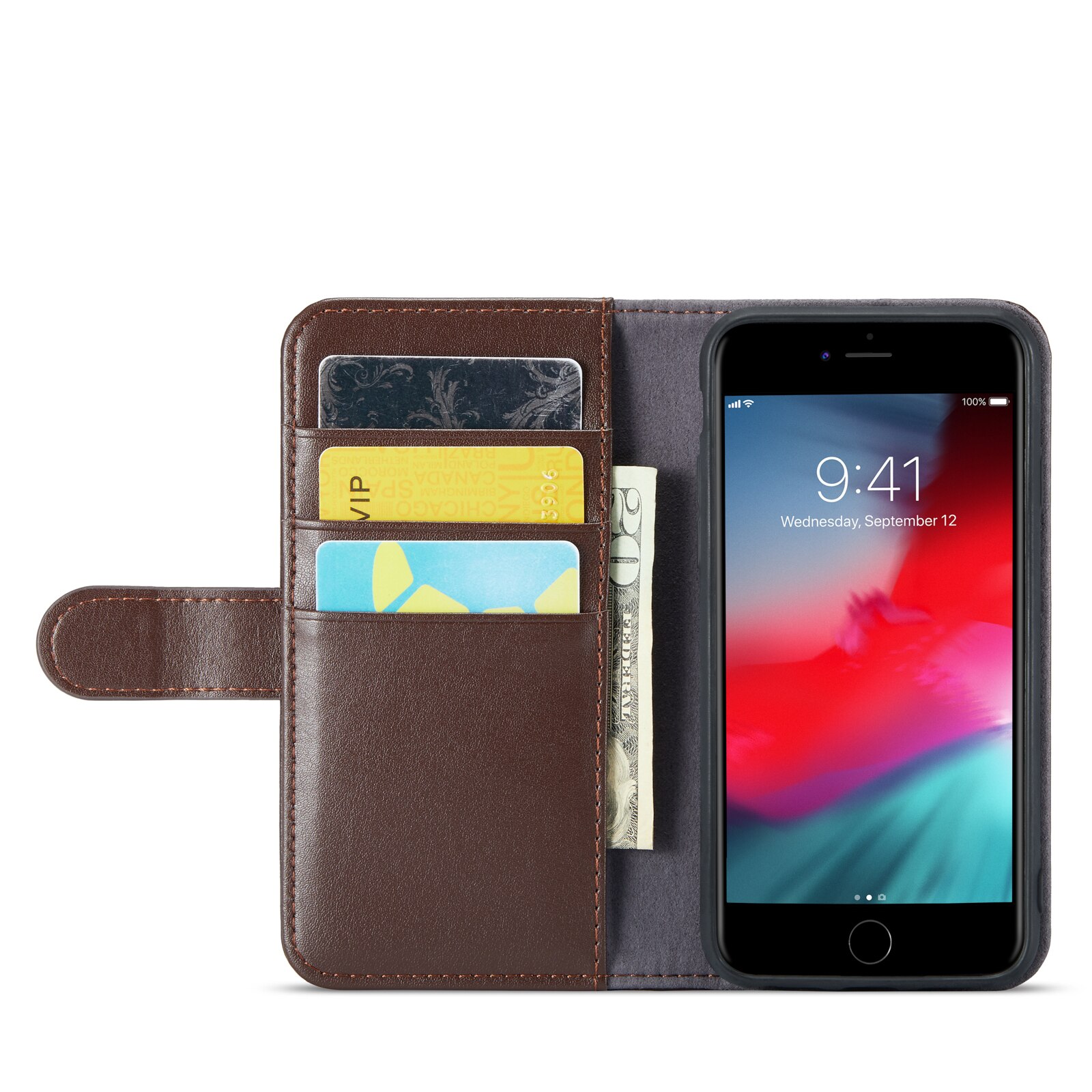 iPhone SE 2020 Genuine Leather Wallet Case Brown