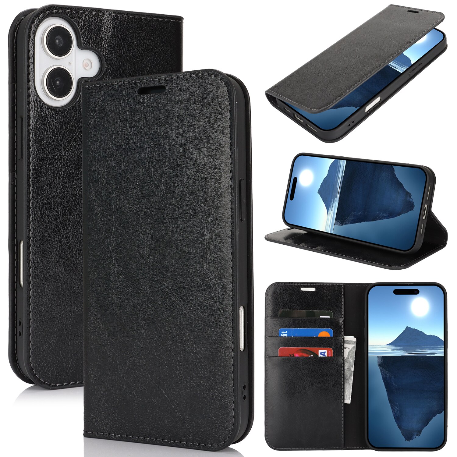 iPhone 16 Genuine Leather Wallet Case Black