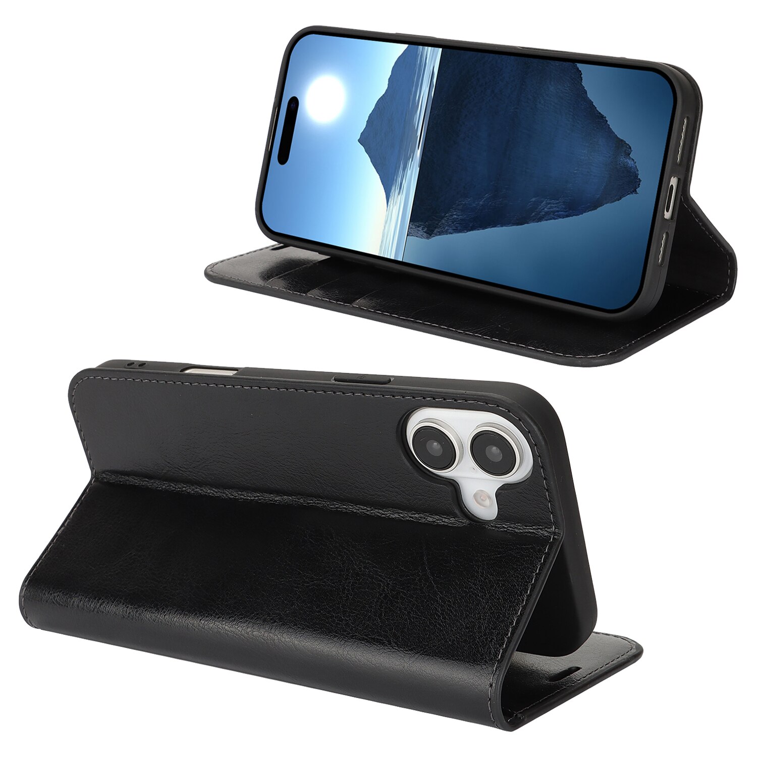 iPhone 16 Genuine Leather Wallet Case Black