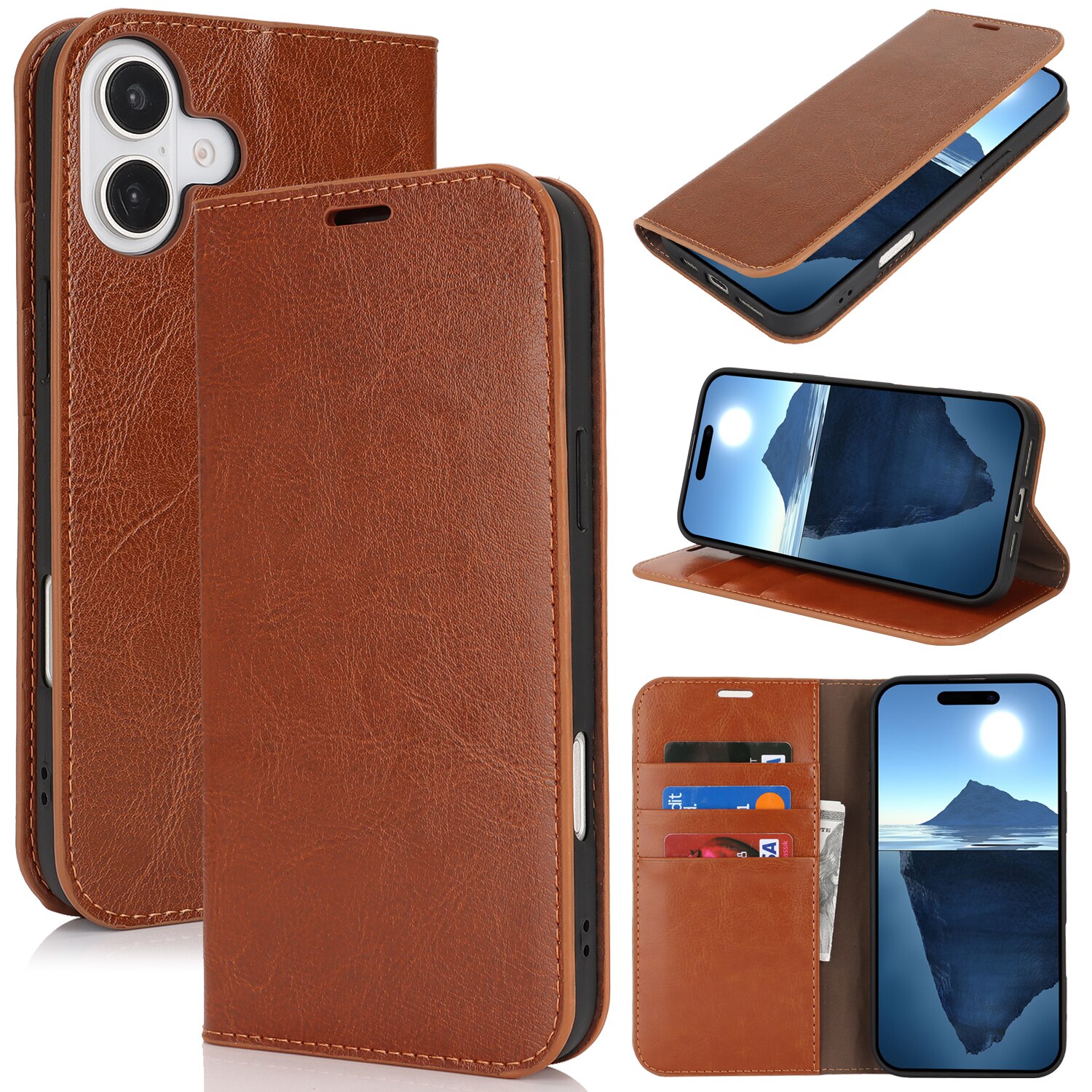 iPhone 16 Genuine Leather Wallet Case Brown