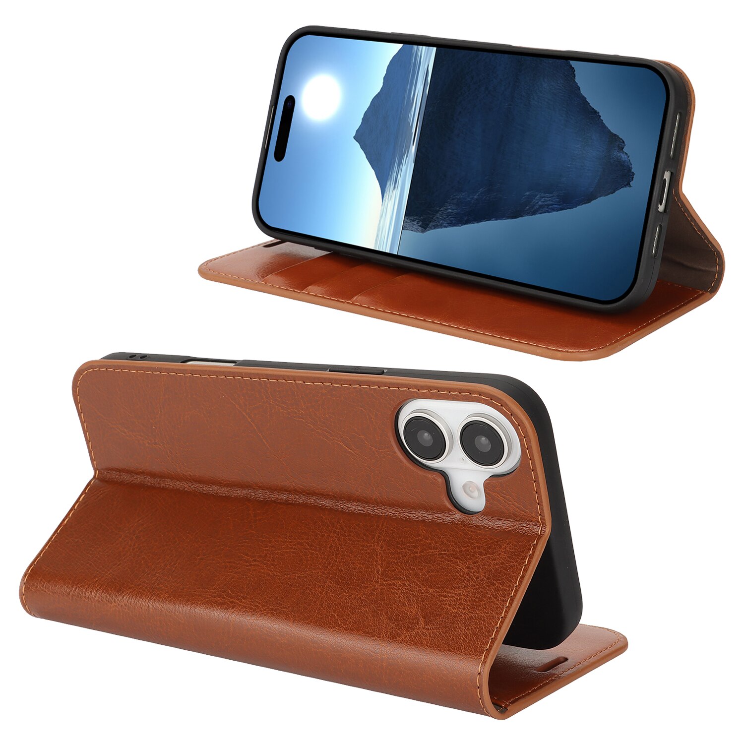 iPhone 16 Plus Genuine Leather Wallet Case Brown