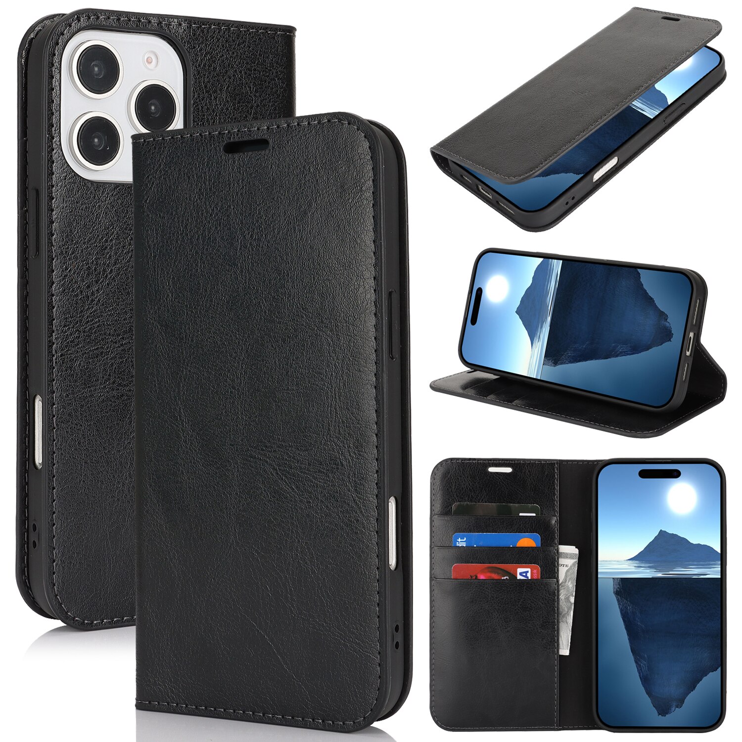 iPhone 16 Pro Genuine Leather Wallet Case Black