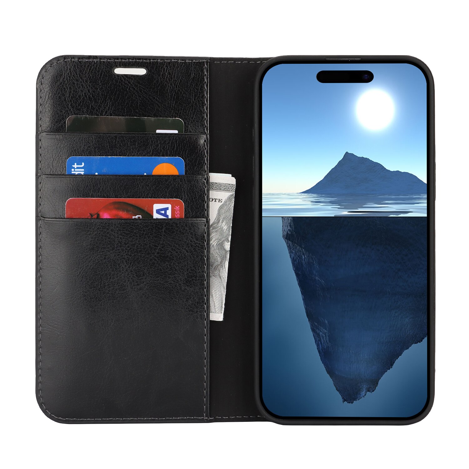 iPhone 16 Pro Genuine Leather Wallet Case Black