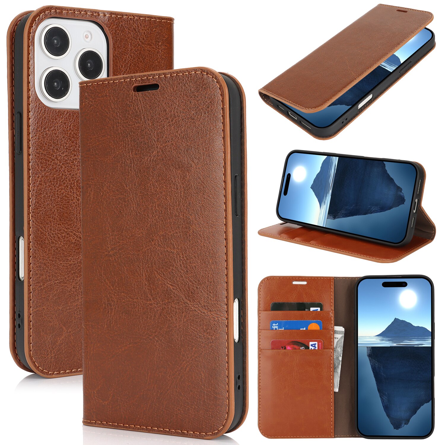 iPhone 16 Pro Genuine Leather Wallet Case Brown