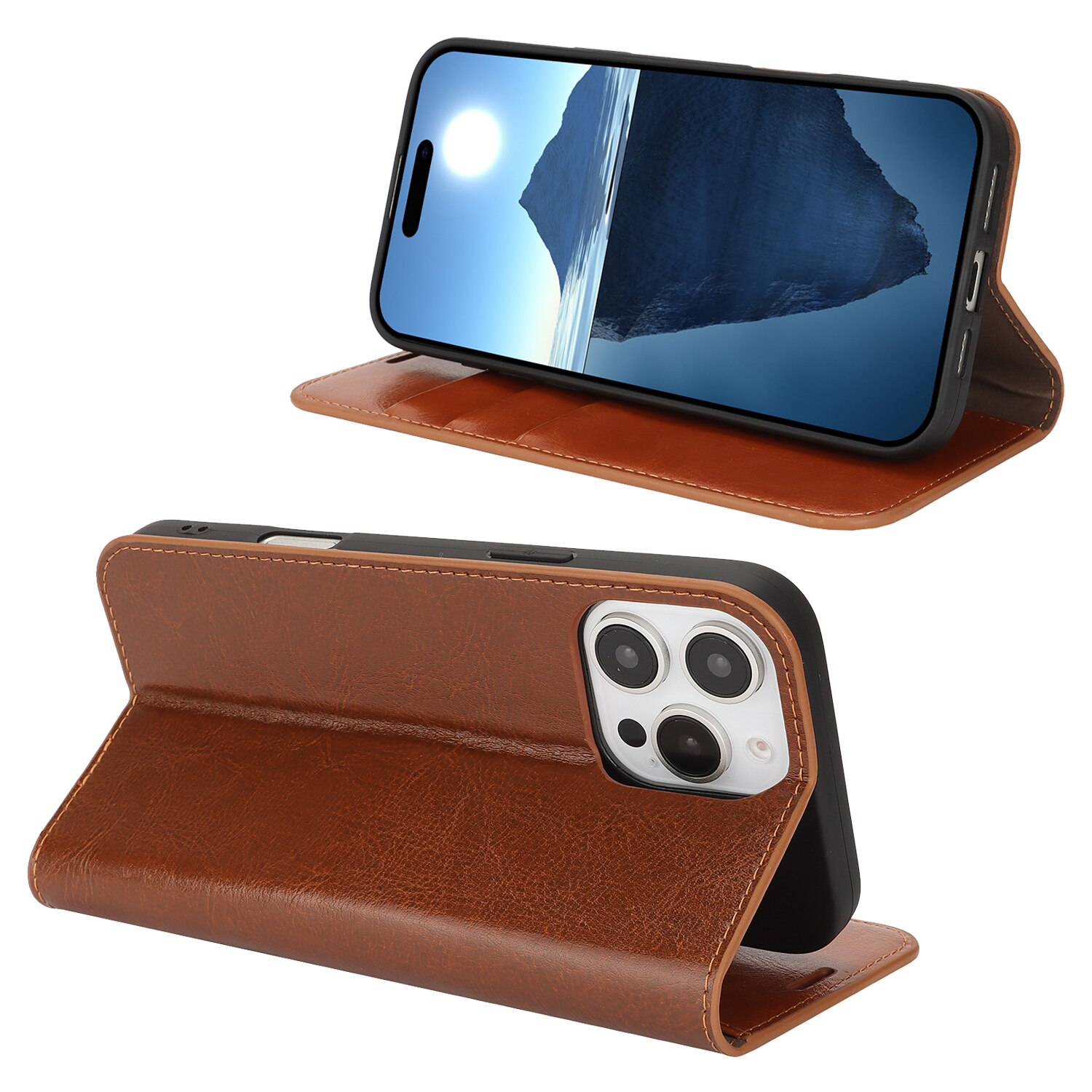 iPhone 16 Pro Genuine Leather Wallet Case Brown