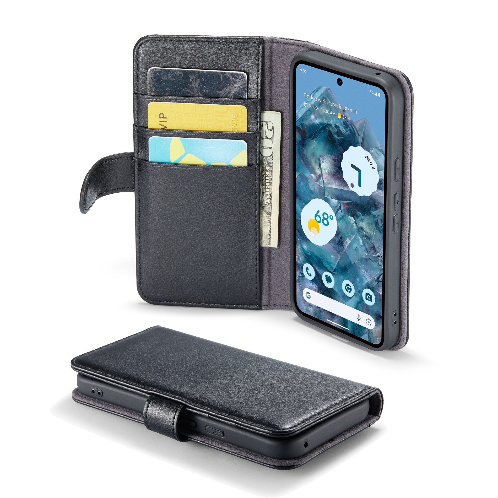 Google Pixel 9 Pro Genuine Leather Wallet Case Black