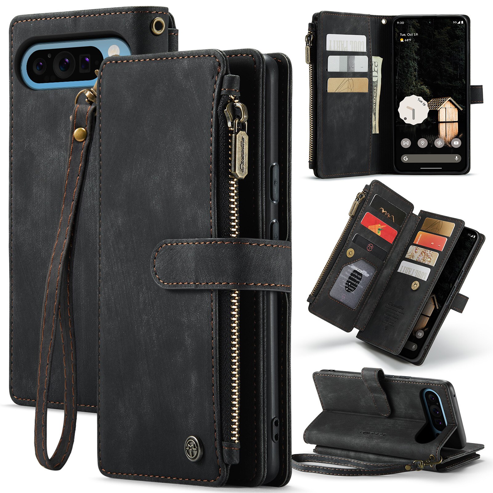 Google Pixel 9 Pro XL Zipper Wallet Book Cover Black