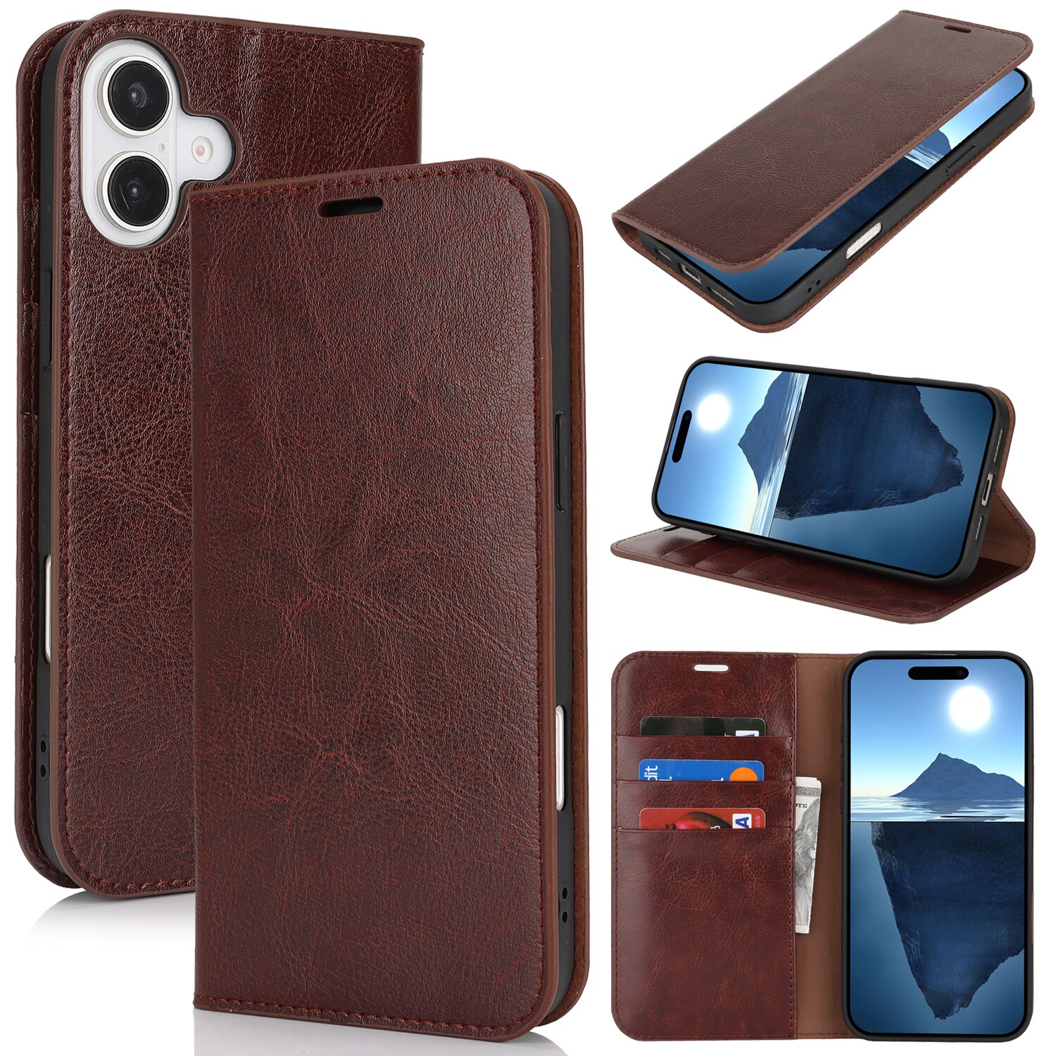 iPhone 16 Genuine Leather Wallet Case Dark Brown