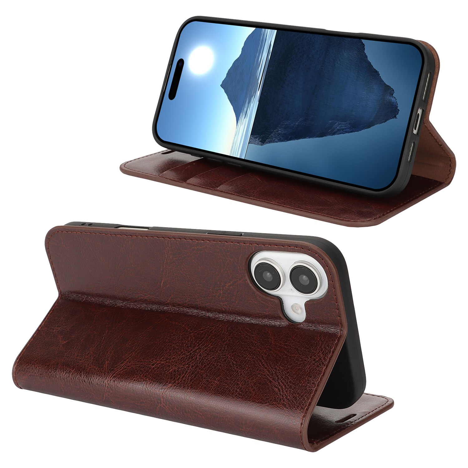 iPhone 16 Genuine Leather Wallet Case Dark Brown