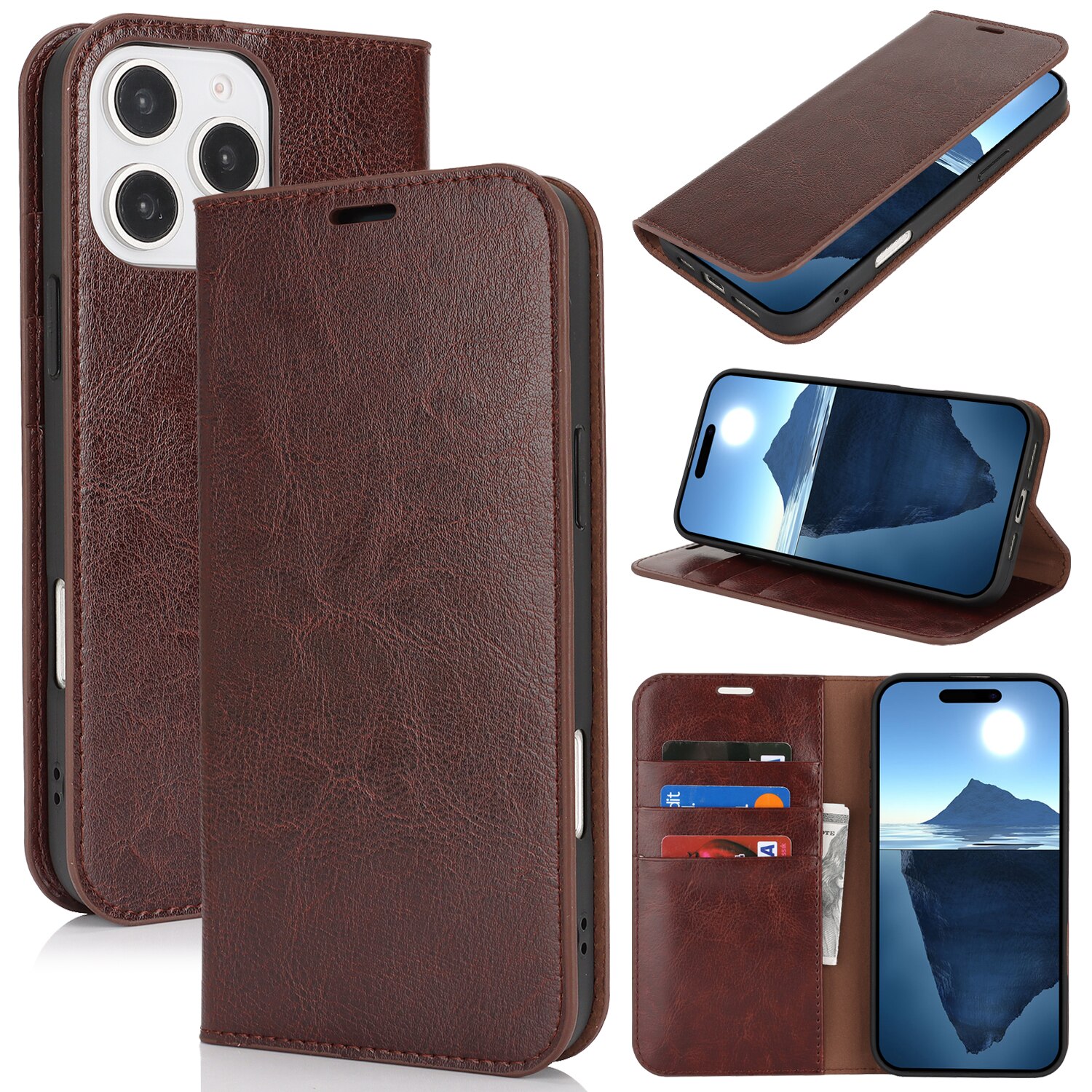 iPhone 16 Pro Genuine Leather Wallet Case Dark Brown