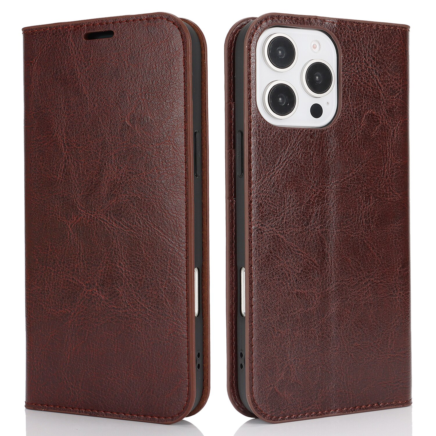 iPhone 16 Pro Genuine Leather Wallet Case Dark Brown