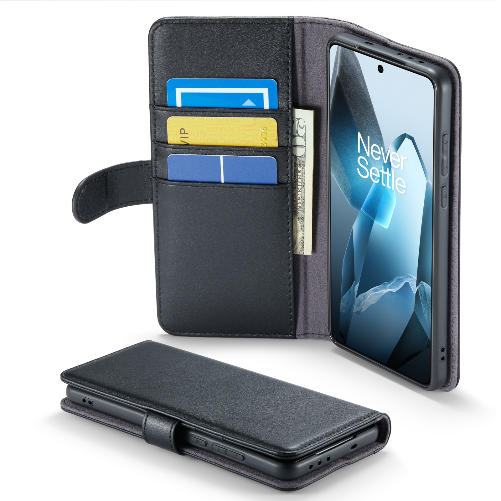  OnePlus 13 Genuine Leather Wallet Case Black