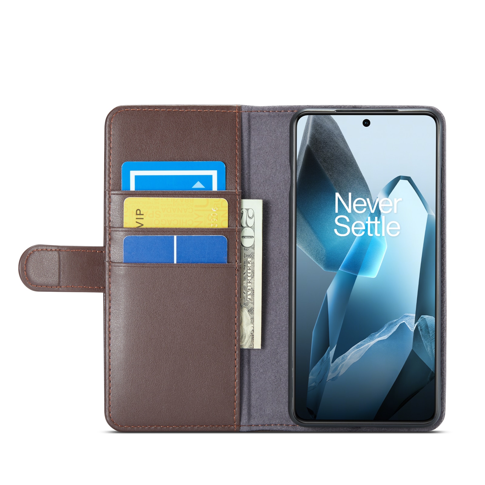  OnePlus 13 Genuine Leather Wallet Case Brown