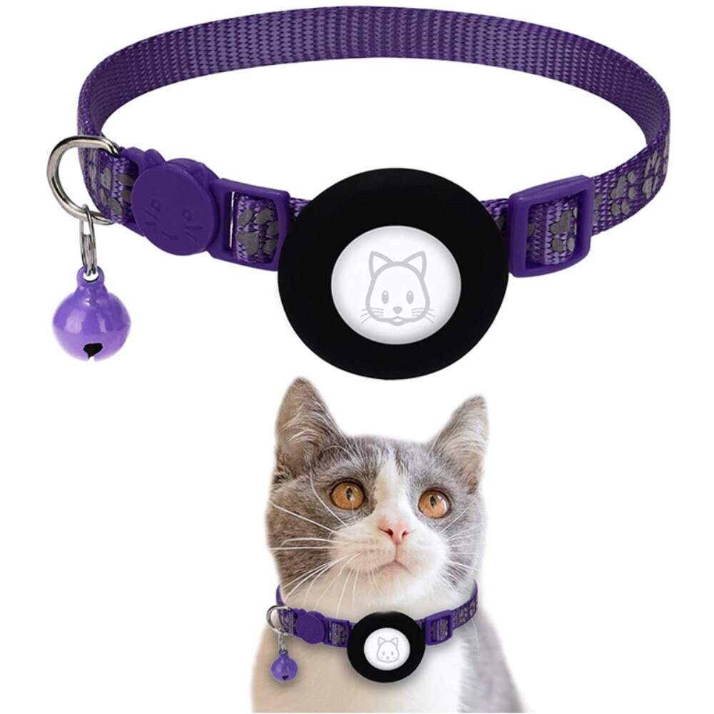 Apple AirTag Cat Collar with Reflective Paw Print Purple