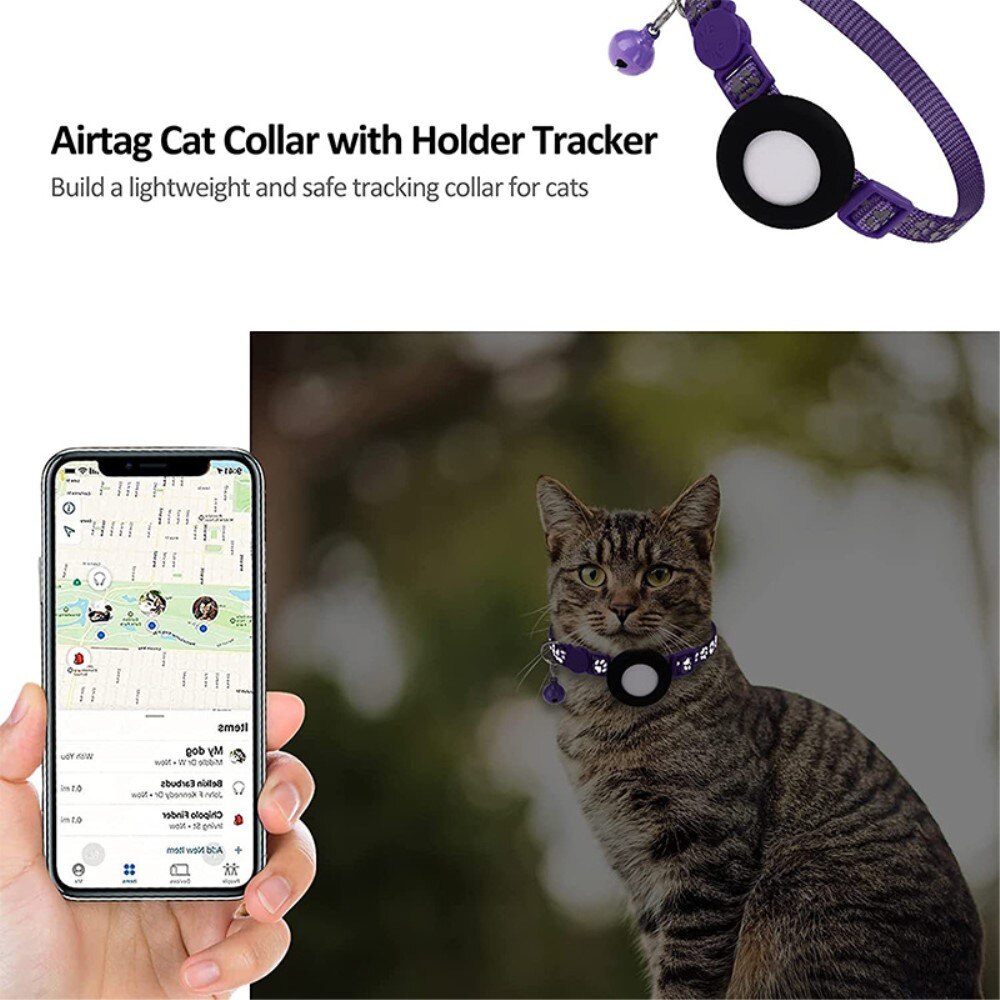 Apple AirTag Cat Collar with Reflective Paw Print Purple