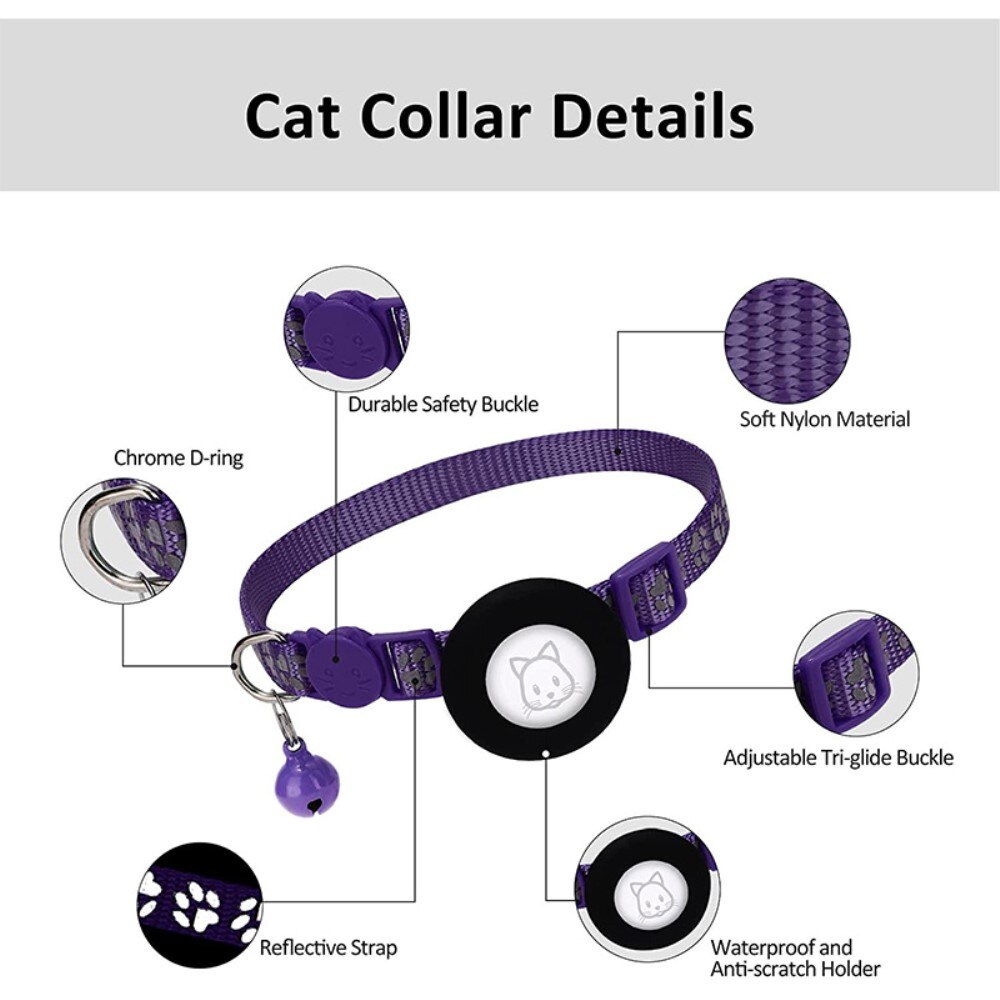 Apple AirTag Cat Collar with Reflective Paw Print Purple