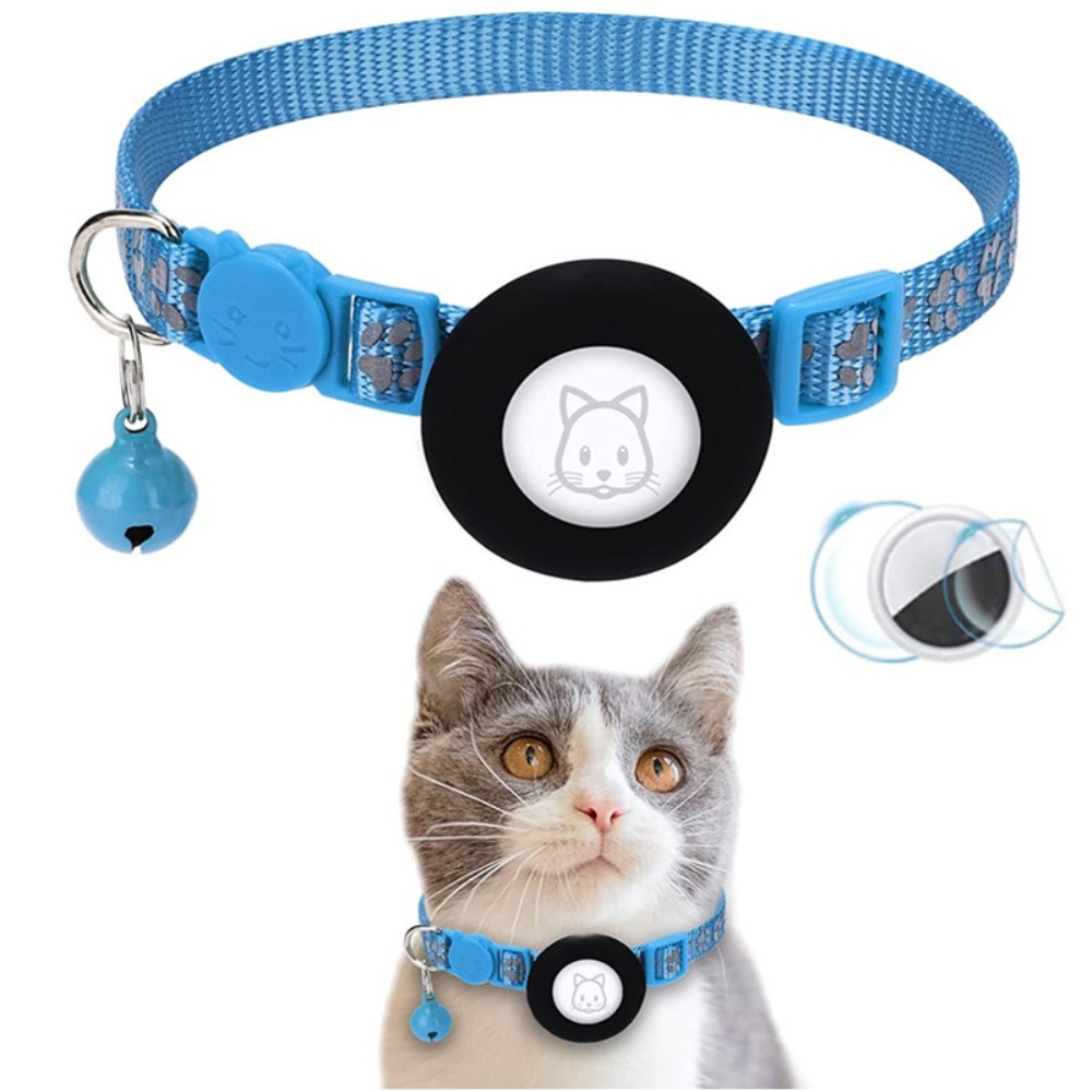 Apple AirTag Cat Collar with Reflective Paw Print Light Blue