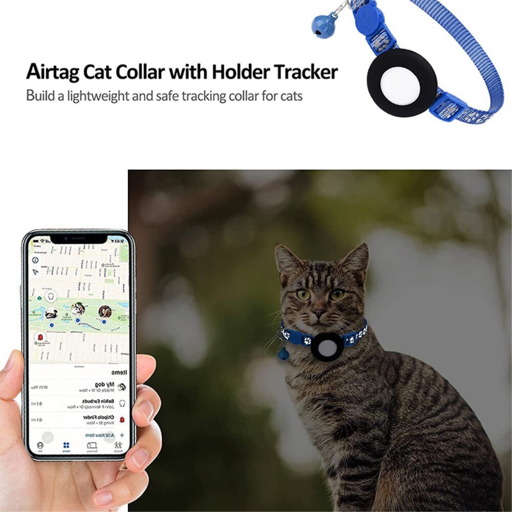 Apple AirTag Cat Collar with Reflective Paw Print Blue