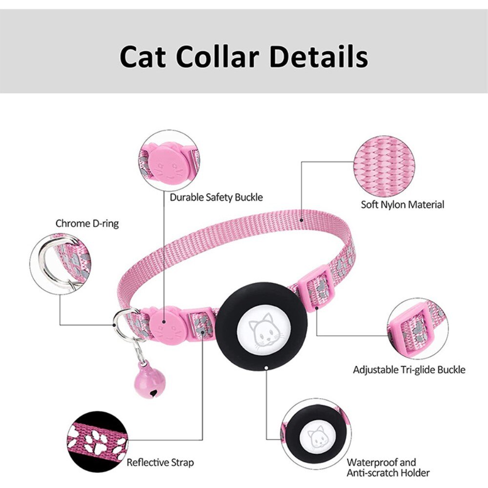 Apple AirTag Cat Collar with Reflective Paw Print Pink