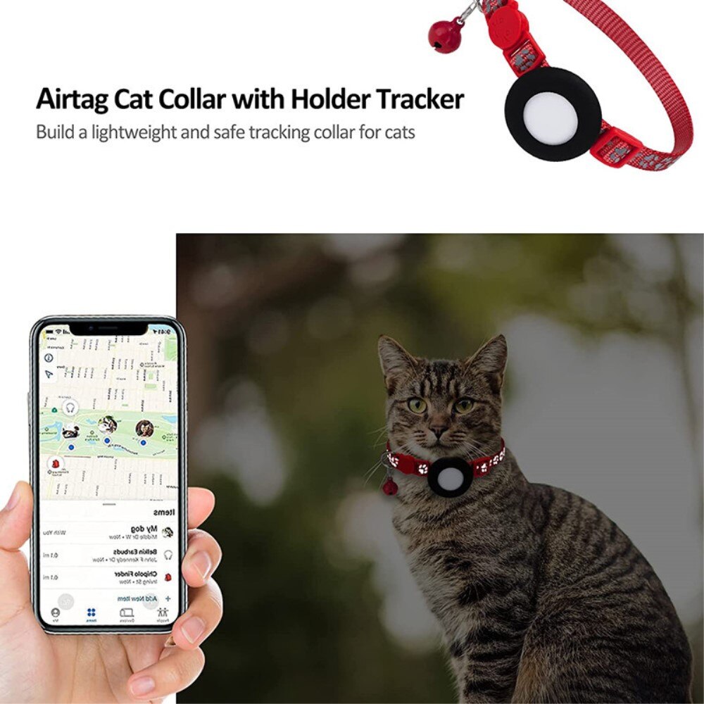 Apple AirTag Cat Collar with Reflective Paw Print Red