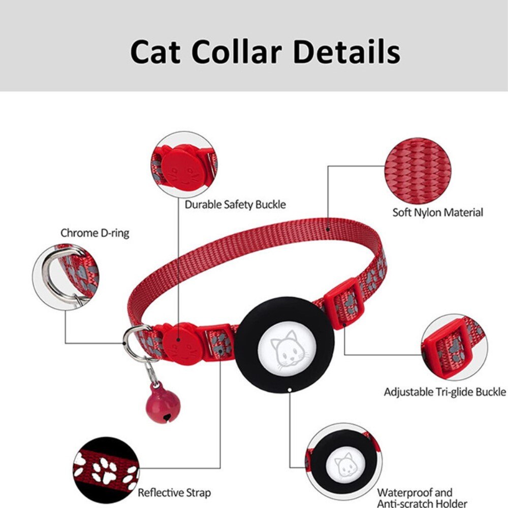 Apple AirTag Cat Collar with Reflective Paw Print Red