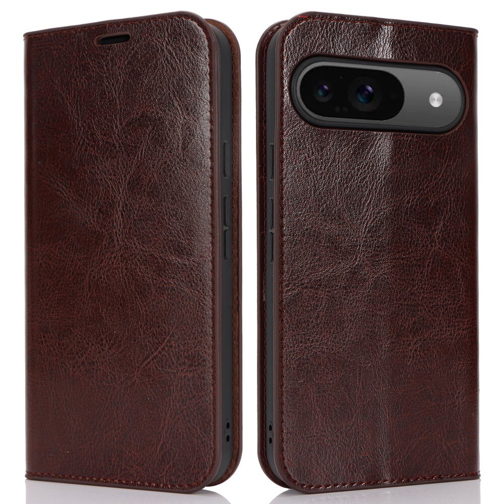 Google Pixel 9 Pro Genuine Leather Wallet Case Dark Brown