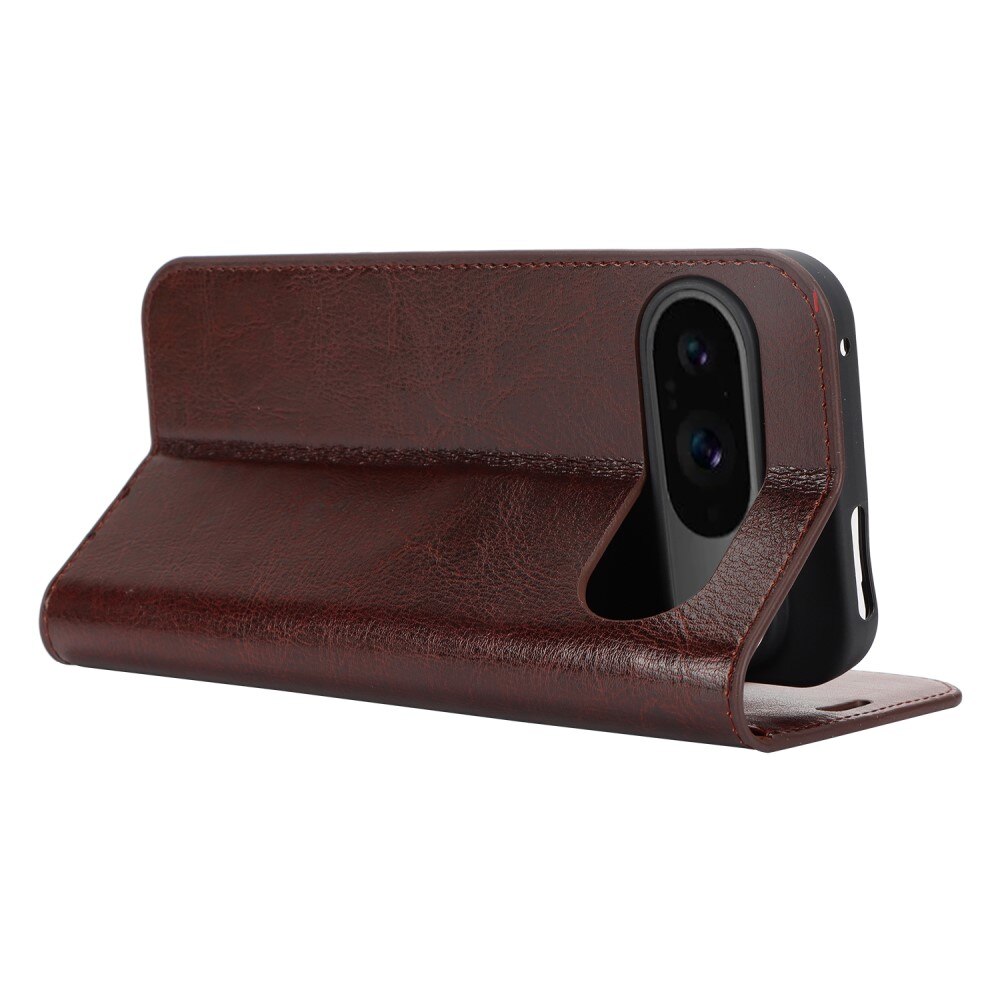 Google Pixel 9 Pro Genuine Leather Wallet Case Dark Brown