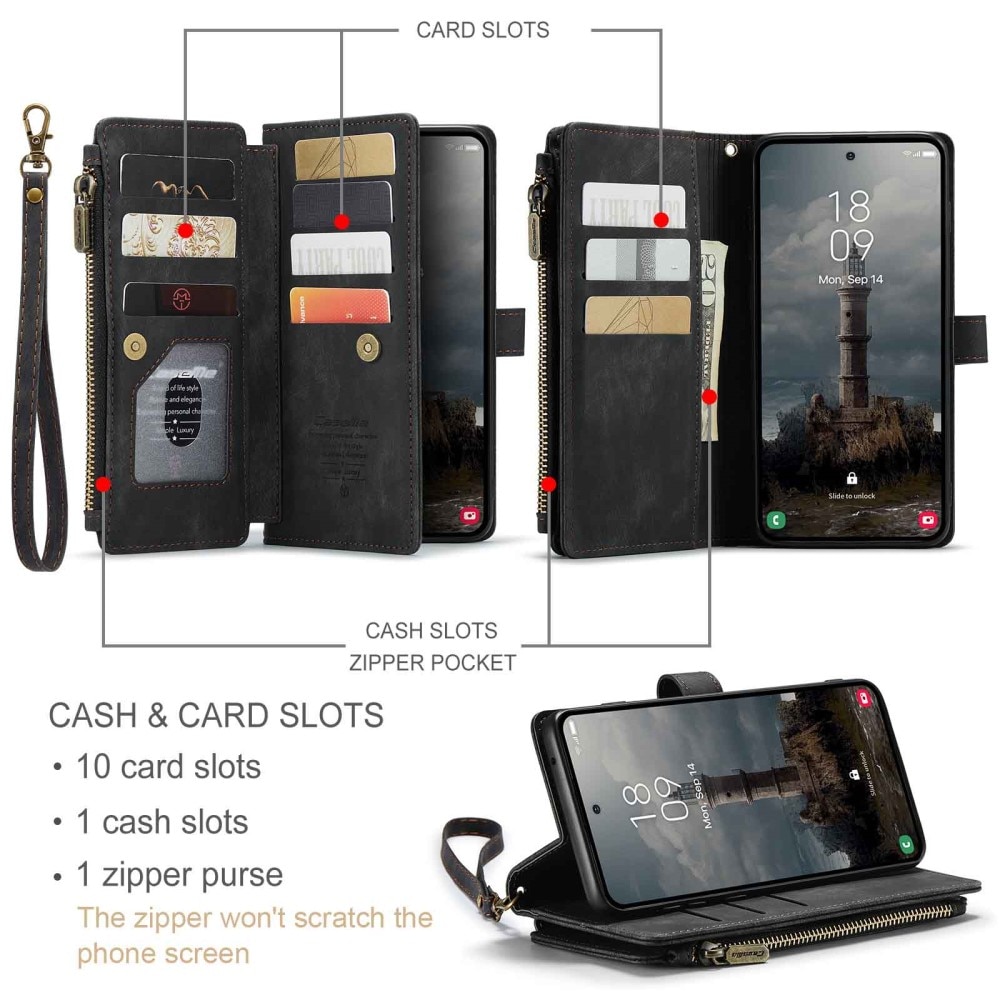 Samsung Galaxy A55 Zipper Wallet Book Cover Black