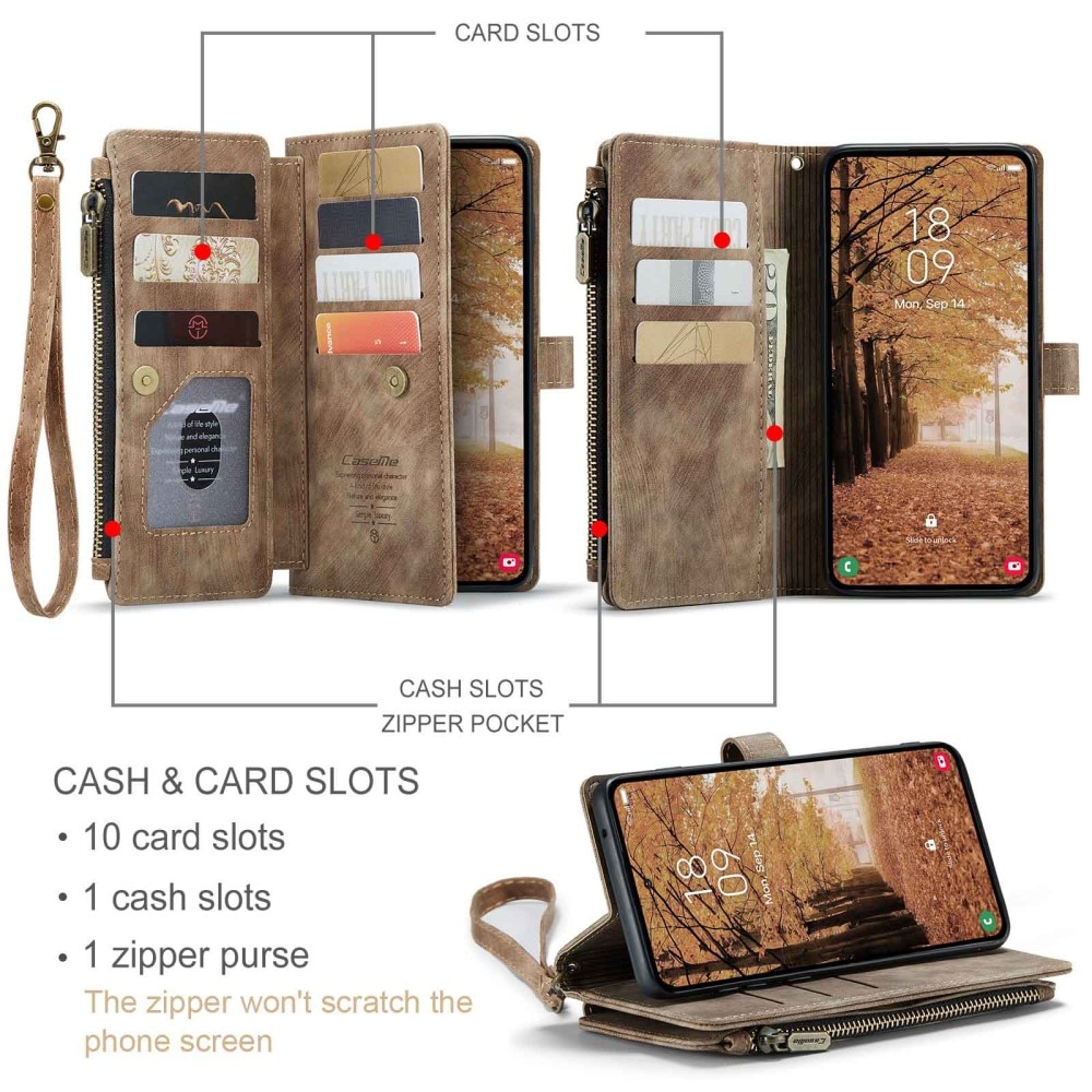 Samsung Galaxy A55 Zipper Wallet Book Cover Brown