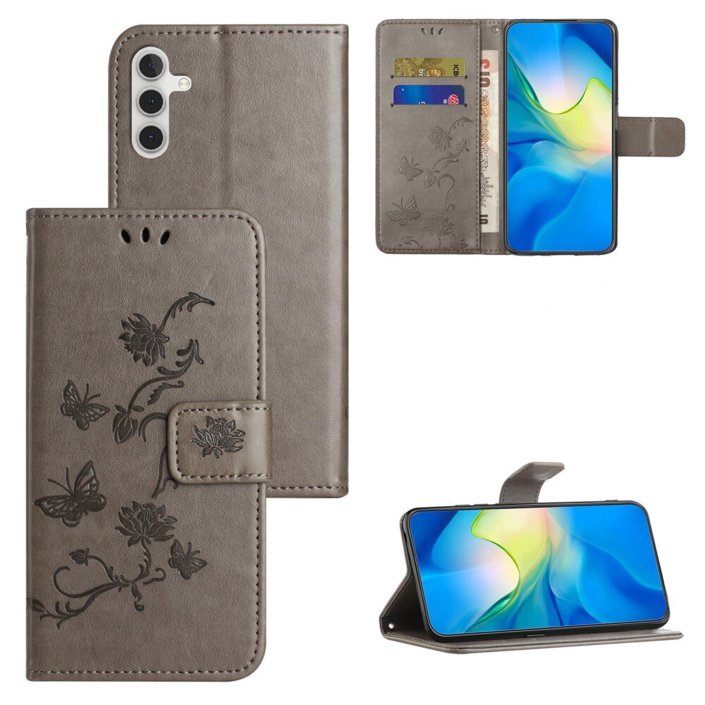 Samsung Galaxy S24 FE Leather Cover Imprinted Butterflies Grey