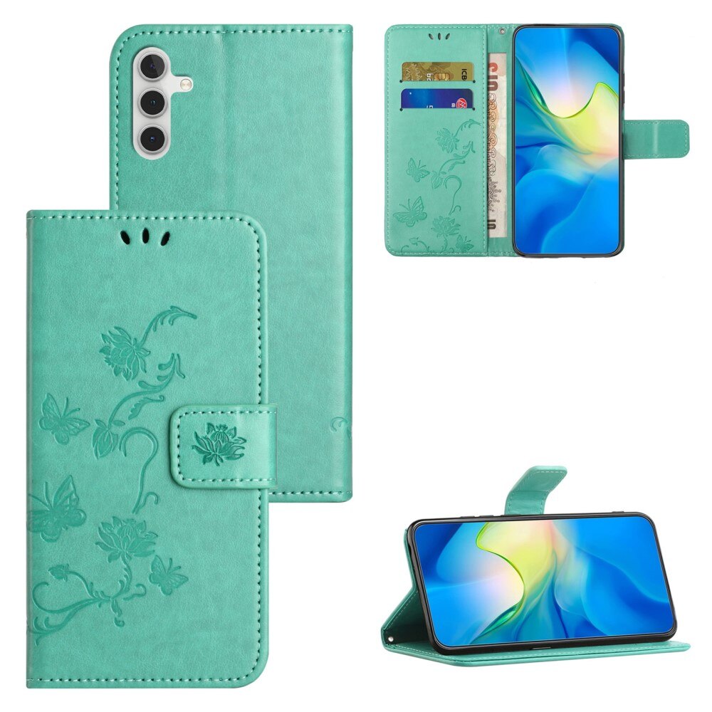 Samsung Galaxy S24 FE Leather Cover Imprinted Butterflies Green