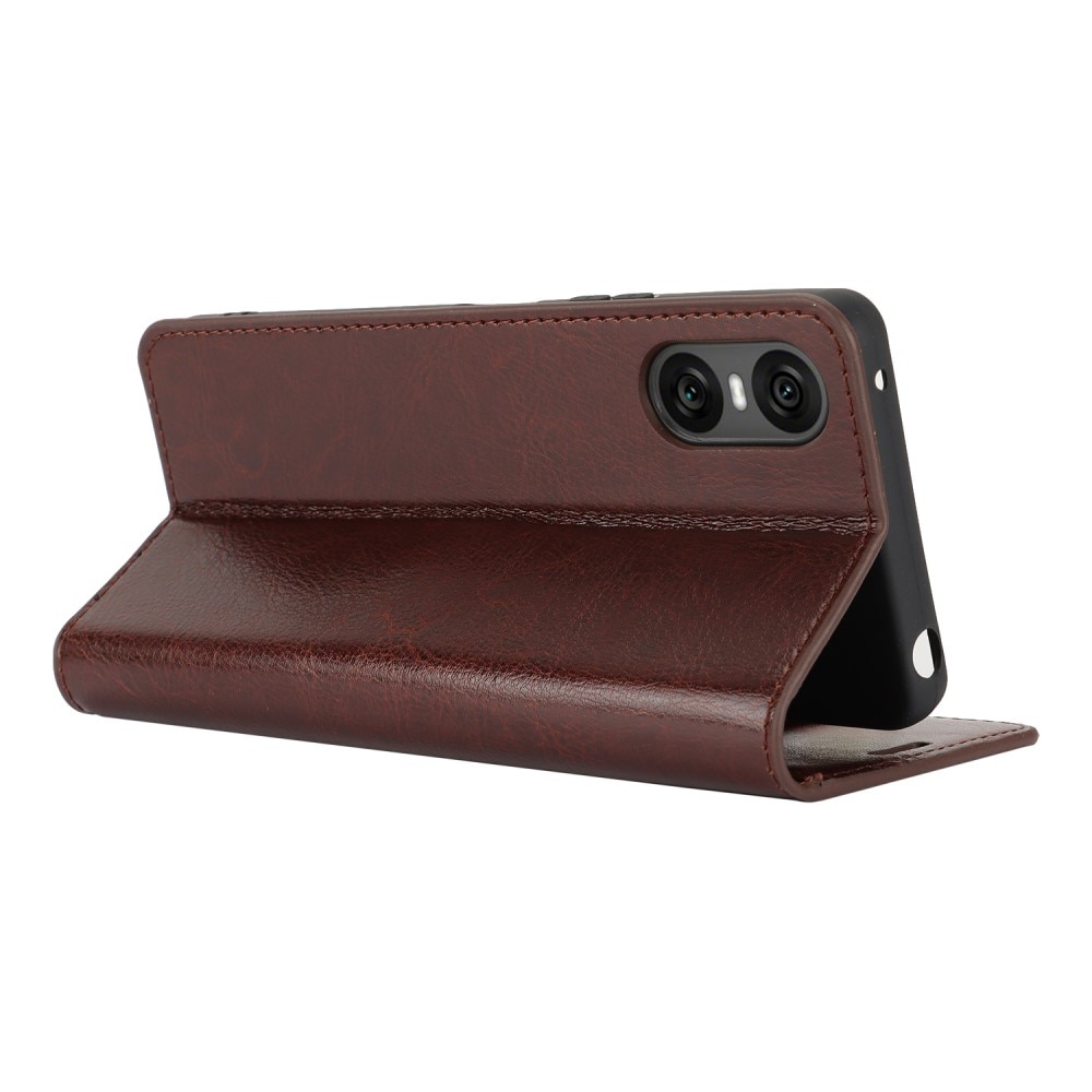 Sony Xperia 10 VI Genuine Leather Wallet Case Dark Brown