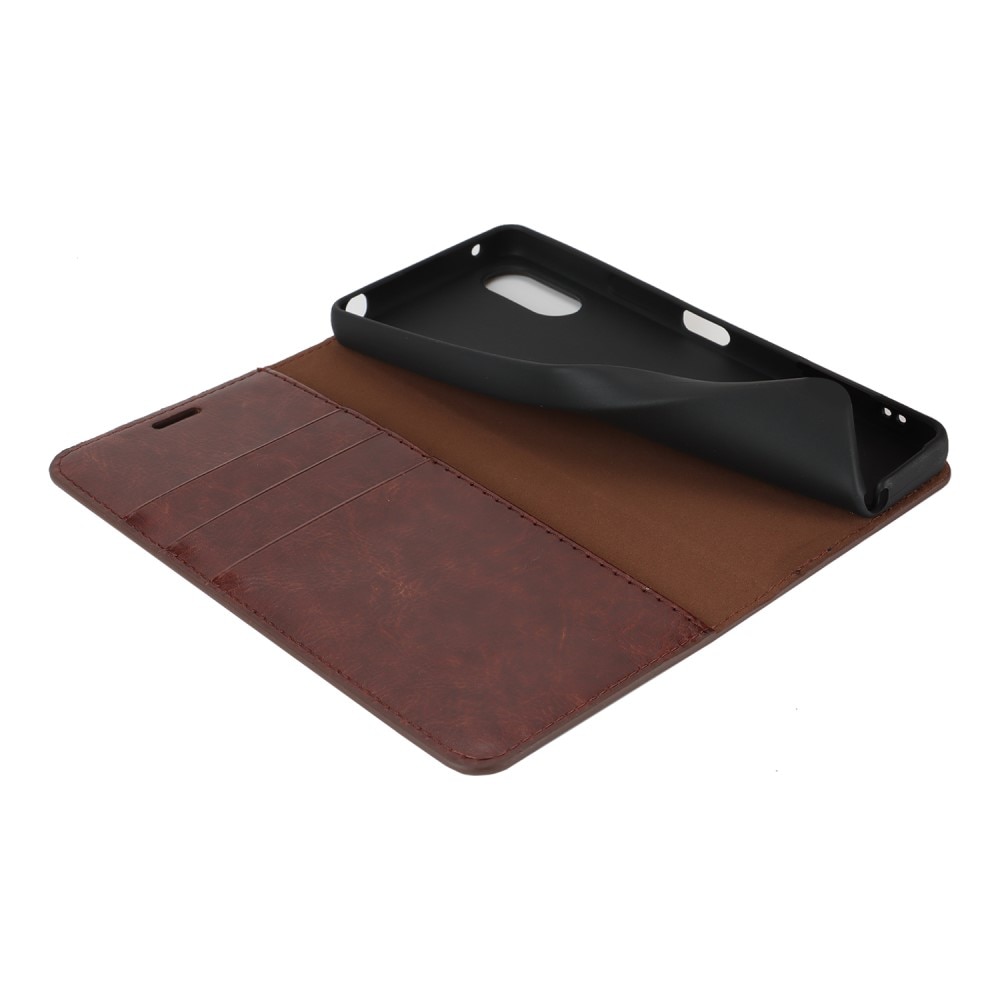 Sony Xperia 10 VI Genuine Leather Wallet Case Dark Brown