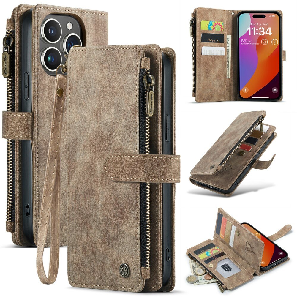 iPhone 16 Pro Max Zipper Wallet Book Cover Brown