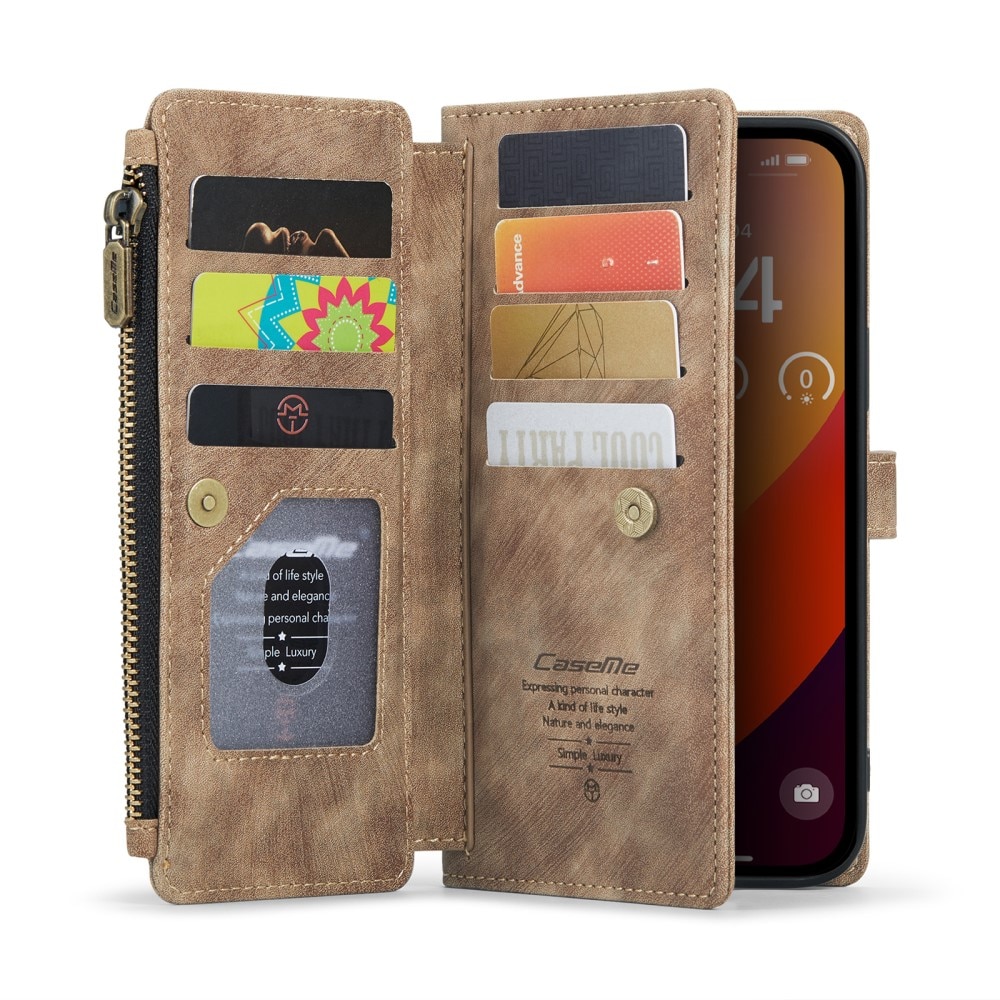 iPhone 16 Pro Max Zipper Wallet Book Cover Brown