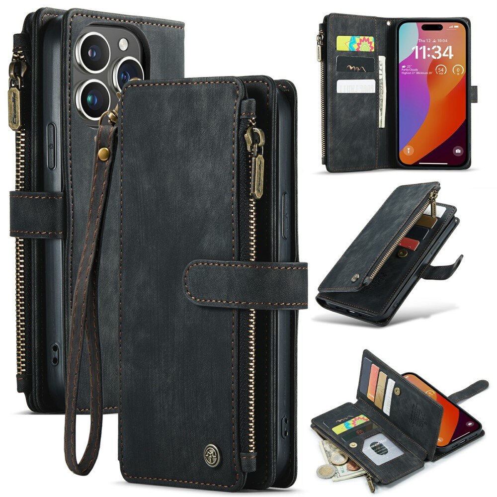 iPhone 16 Pro Max Zipper Wallet Book Cover Black