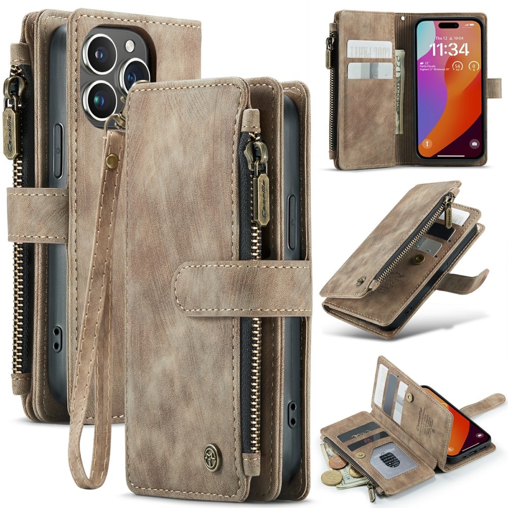 iPhone 16 Pro Zipper Wallet Book Cover Brown